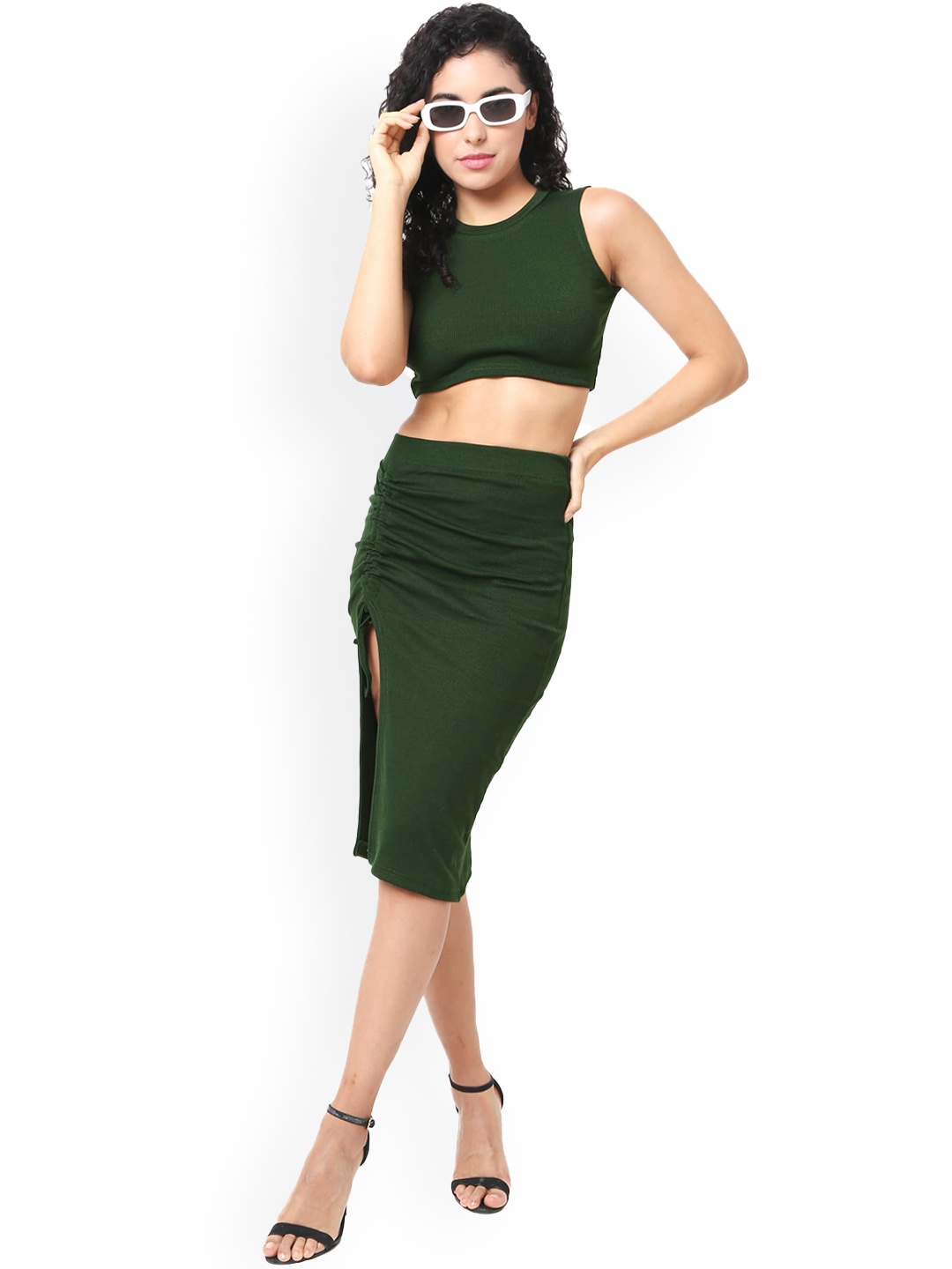 

CareDone Round Neck Crop Top With Skirt, Olive