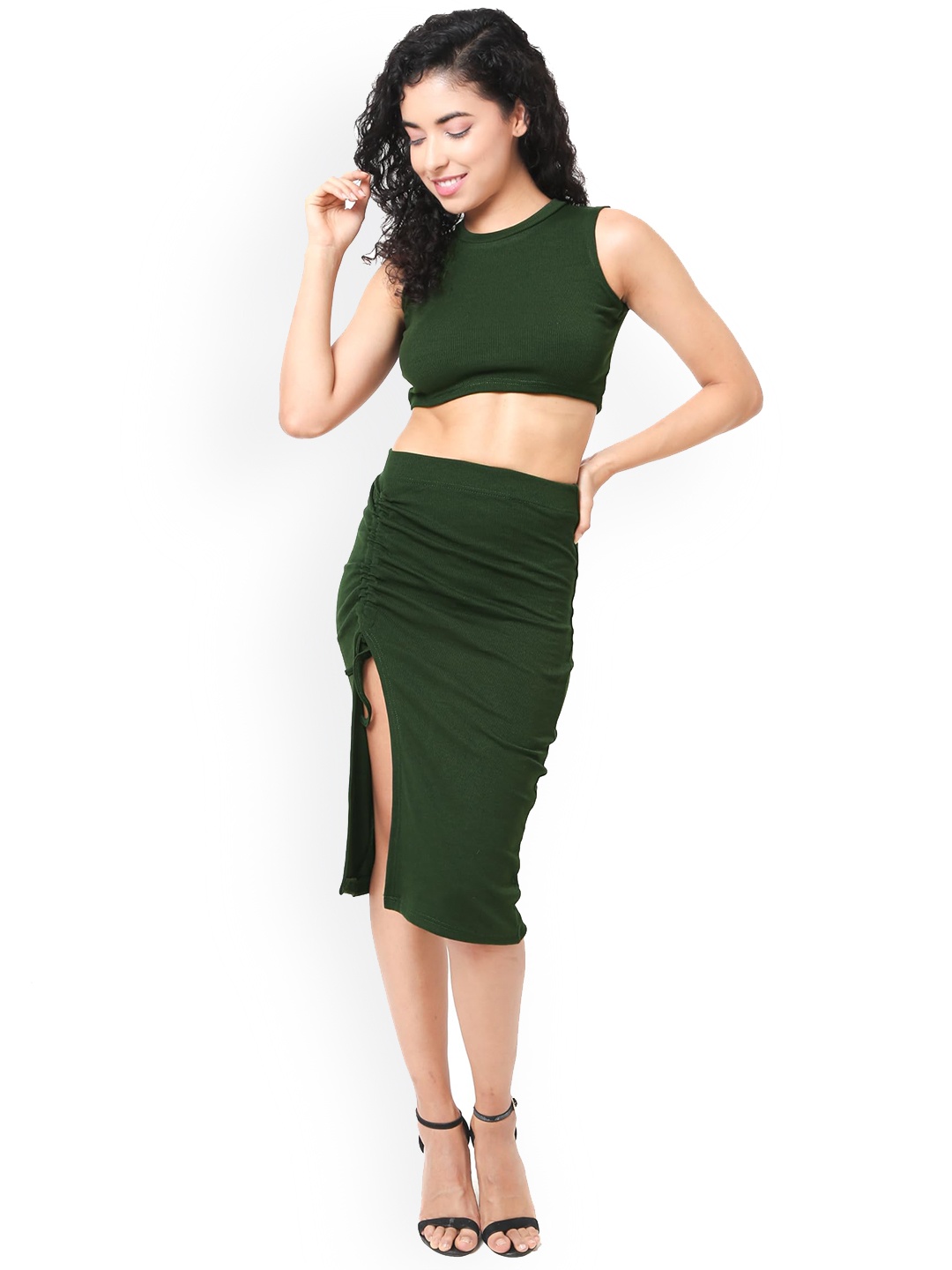 

CareDone Round Neck Crop Top With Skirt, Olive