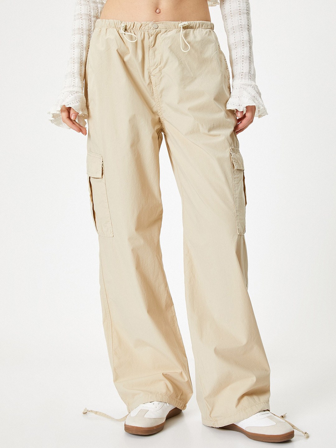 

Koton Women Loose Fit Low-Rise Pure Cotton Cargo Trousers, Black