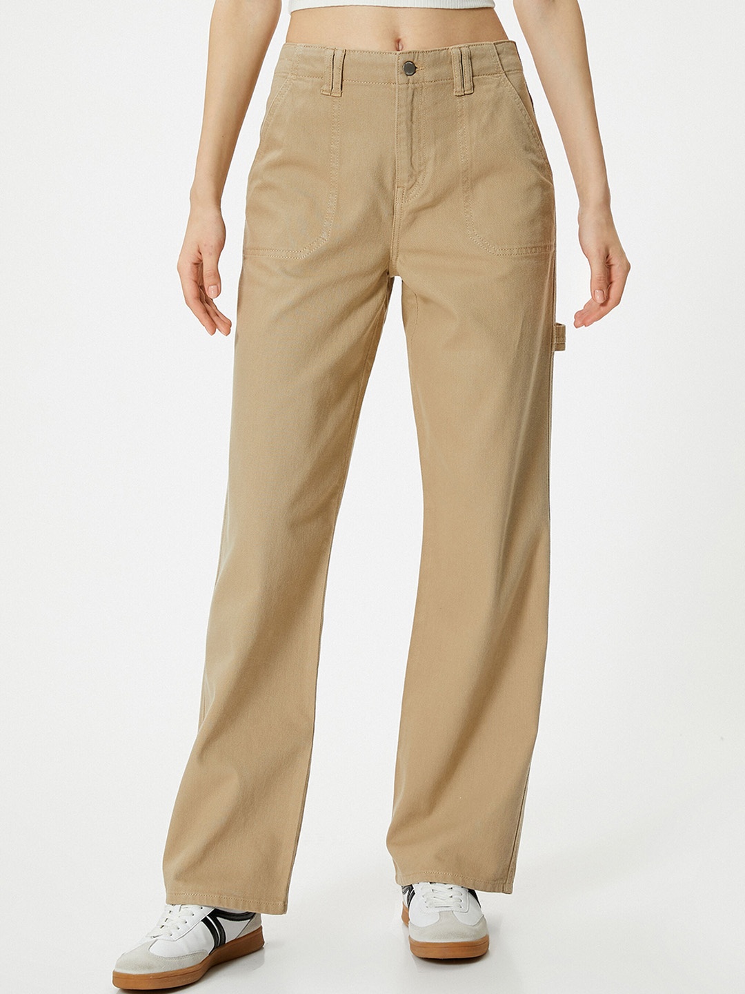 

Koton Women Flared High-Rise Pure Cotton Parallel Trousers, Beige