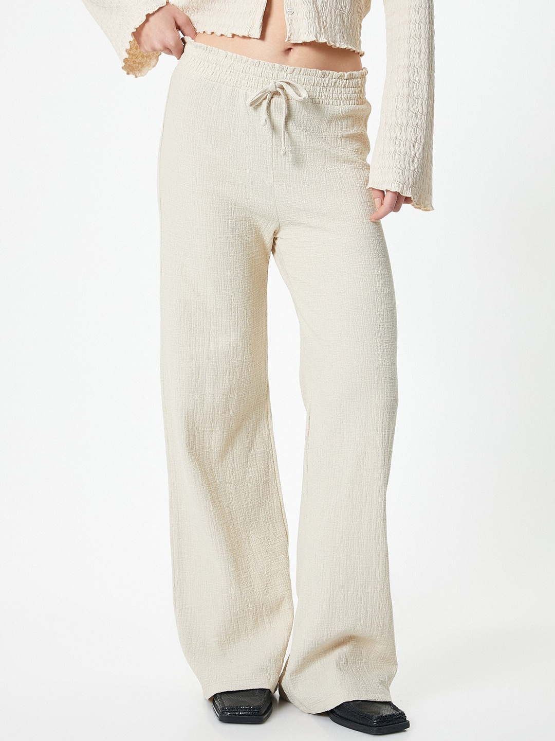 

Koton Women Flared Pure Cotton Parallel Trousers, Beige