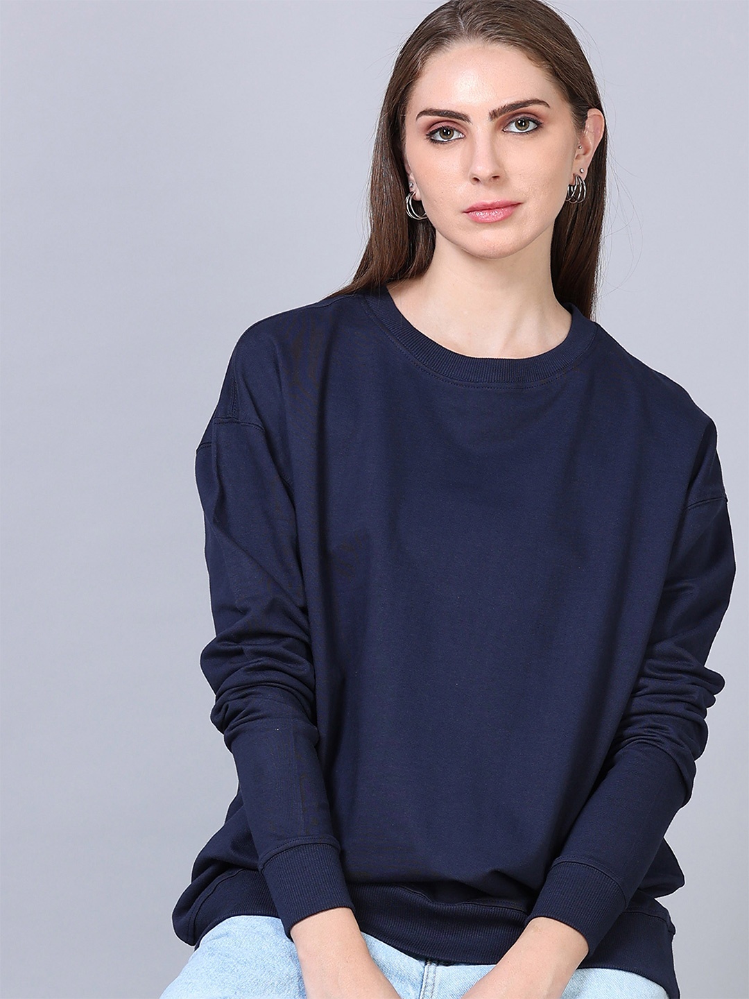 

SILISOUL Drop-Shoulder Sleeves Pure Cotton Oversized Bio Finish T-shirt, Navy blue