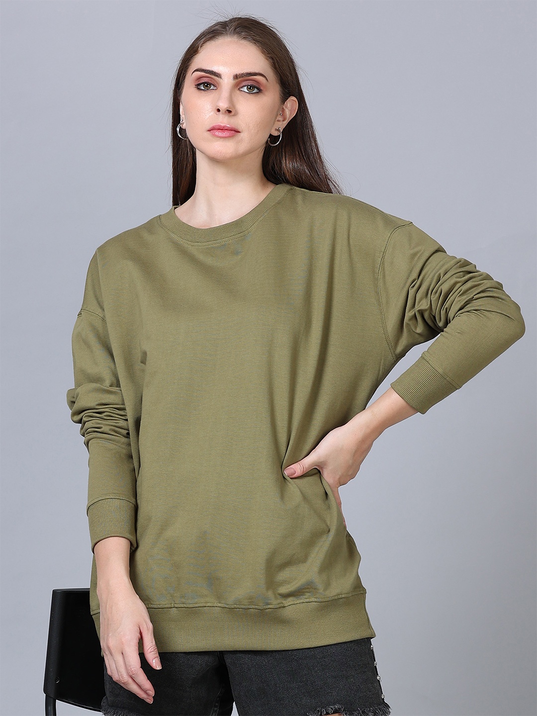 SILISOUL Drop-Shoulder Sleeves Pure Cotton Oversized Bio Finish T-shirt, Olive