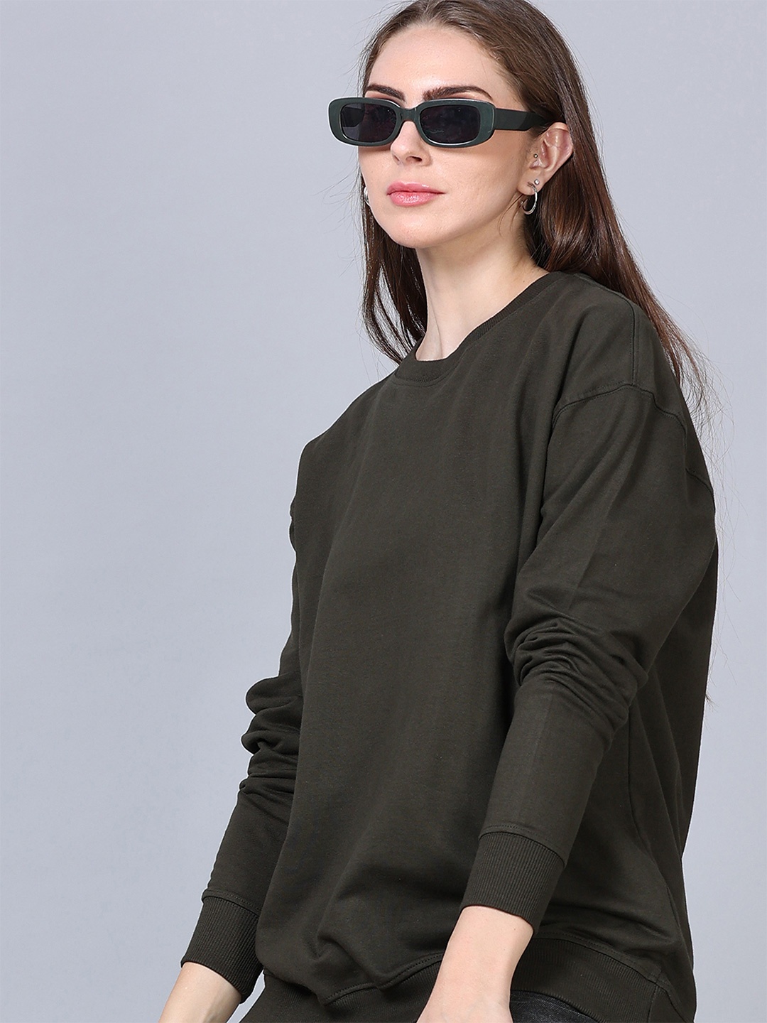 

SILISOUL Drop-Shoulder Sleeves Pure Cotton Oversized Bio Finish T-shirt, Olive
