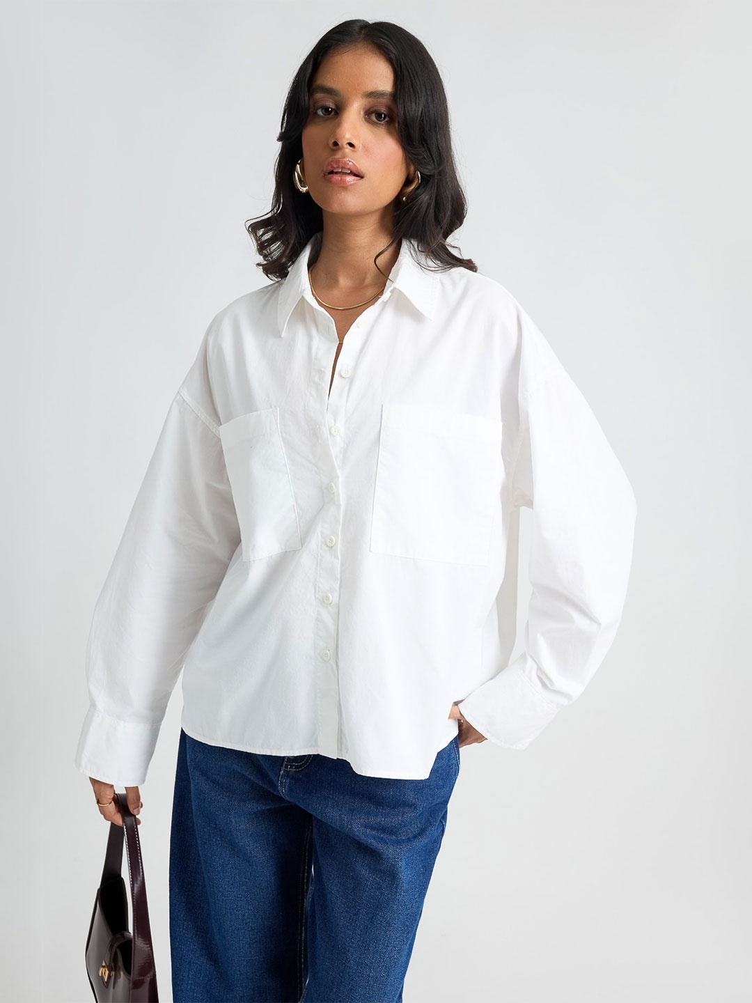 

FREAKINS Oversized Pure Cotton Casual Shirt, White