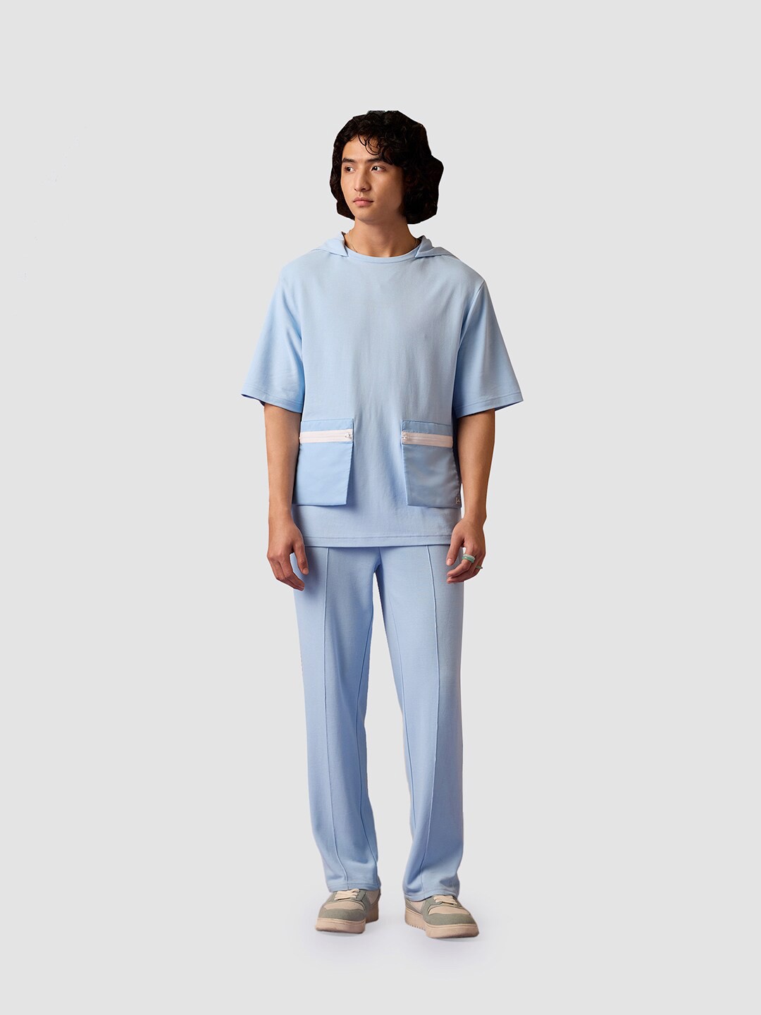 

Muvazo Hooded Drop Shoulder Sleeves Cotton T-Shirt, Blue