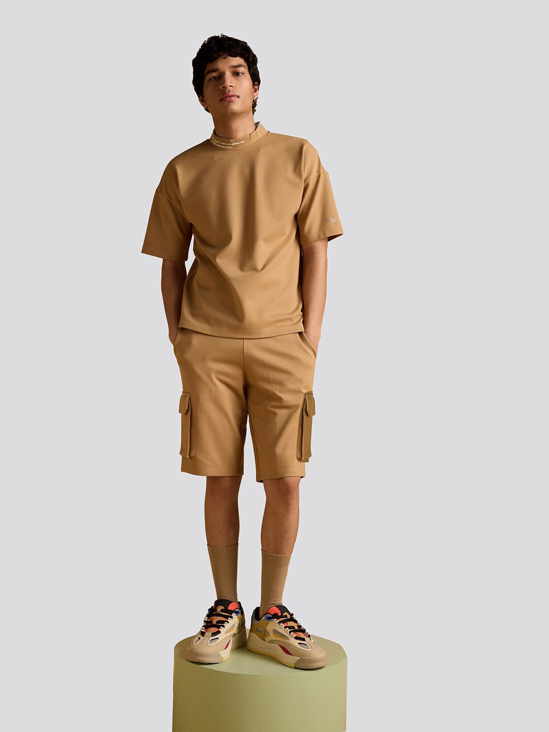 

Muvazo HIgh Neck Drop Shoulder Sleeves Cotton T-Shirt, Camel brown