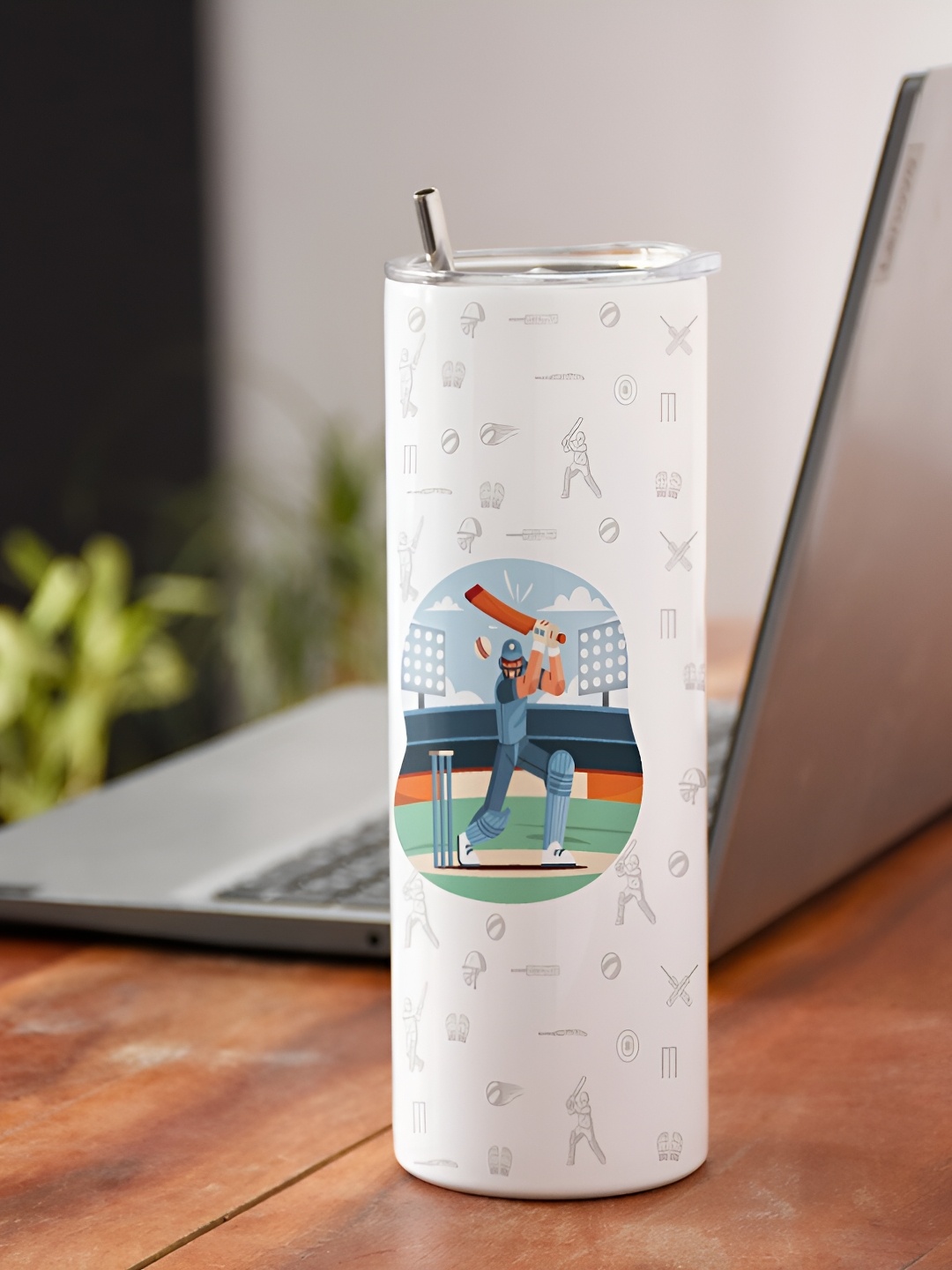 

Indigifts White & Blue Alloy Steel Tumbler With Lid & Straw 590 ml