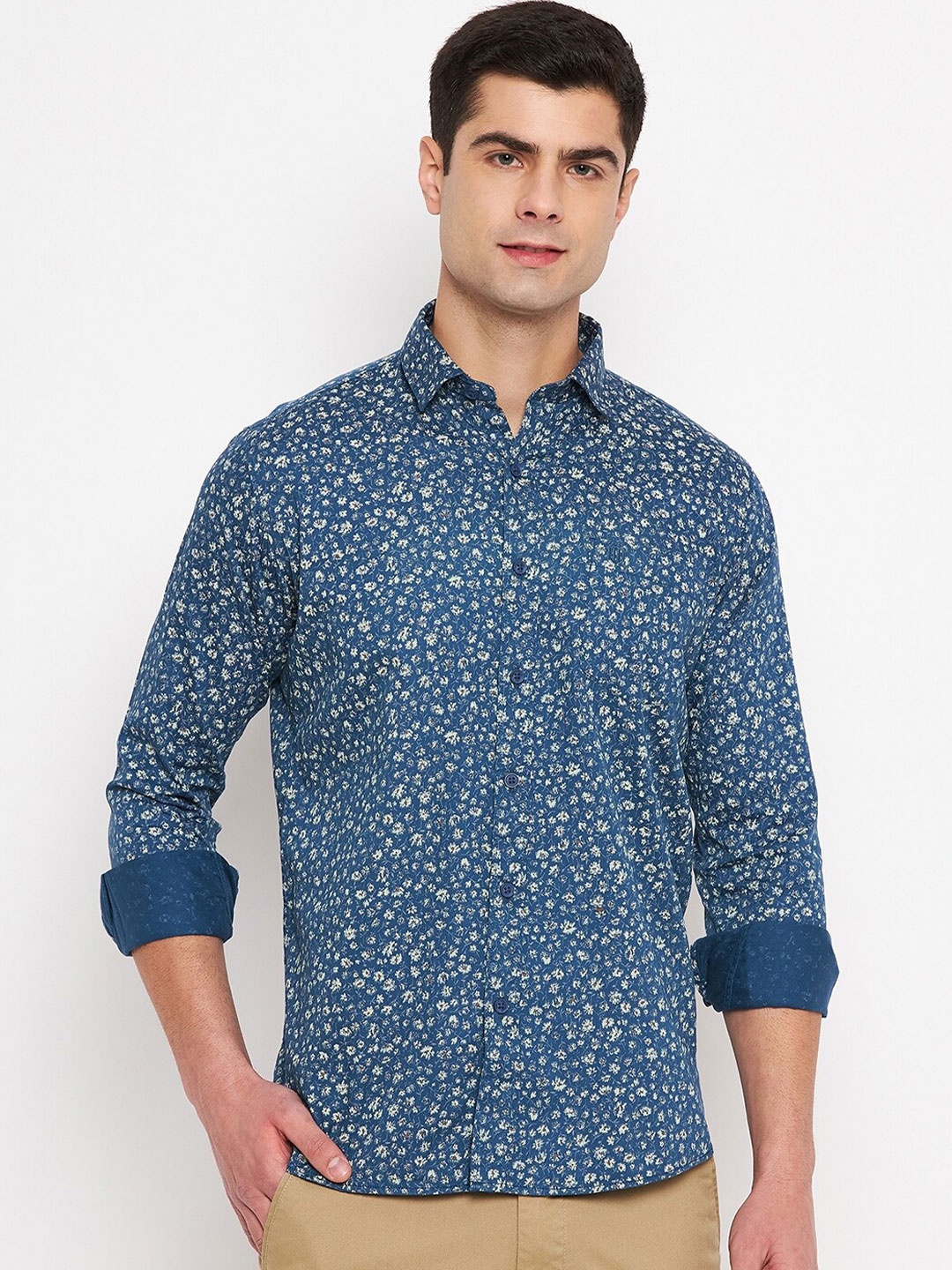 Duke Slim Fit Floral Printed Cotton Casual Shirt, Blue