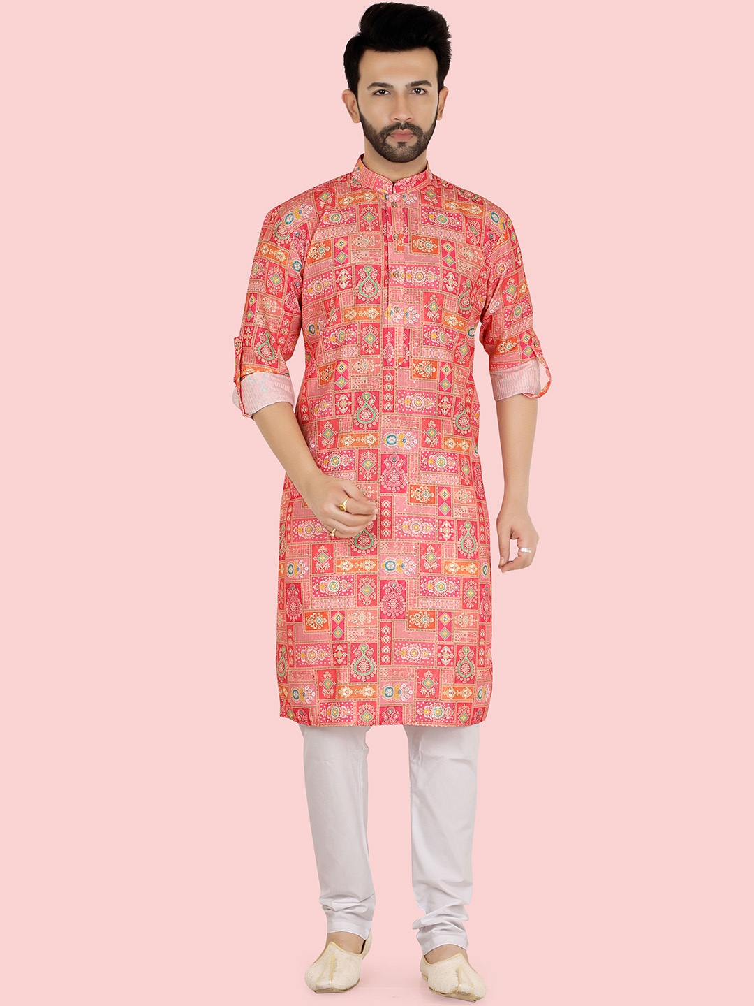 

Ethniks Neu-Ron Cotton Printed Sequence Long Sleeve Kurta & Pant style Pyjama, Pink