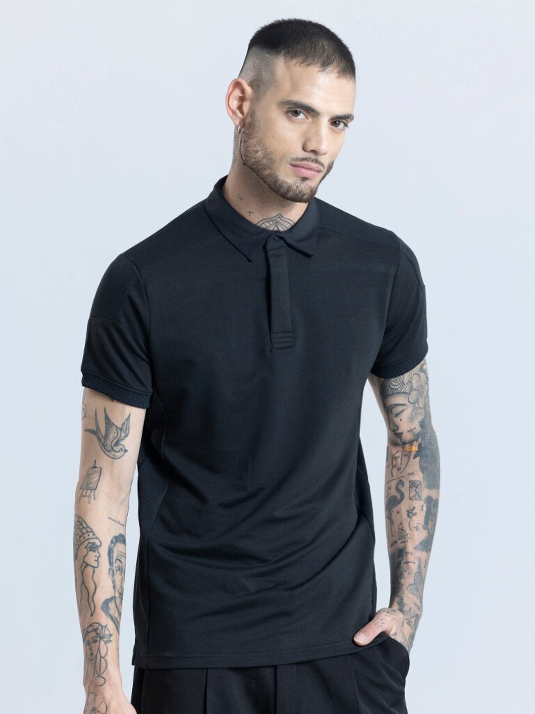 

Snitch Black Polo Collar Slim Fit Casual T-shirt