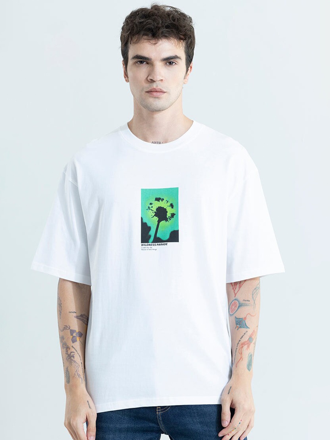 Snitch White Graphic Printed Drop Shoulder Sleeves Cotton Oversized T-shirt