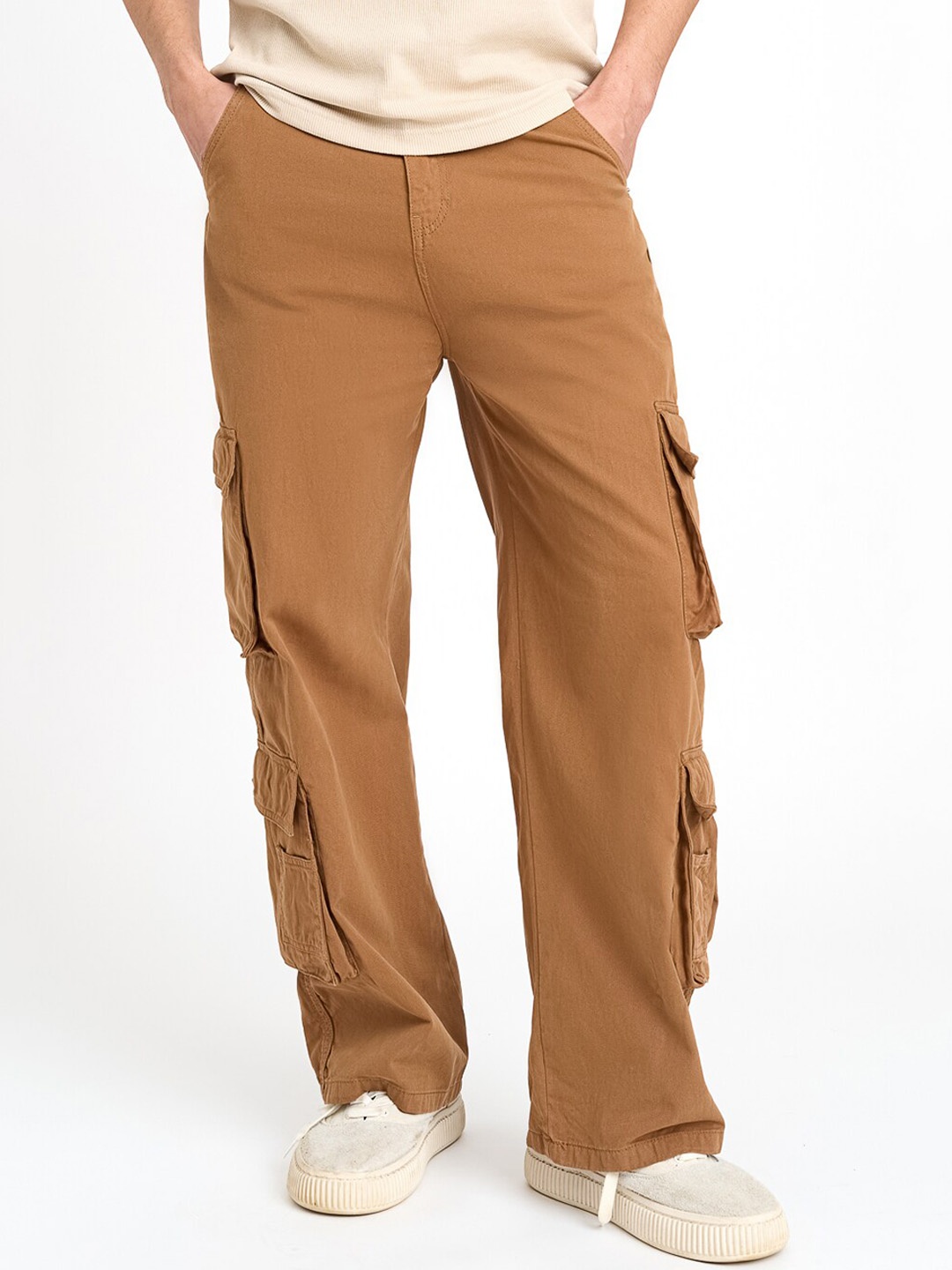 

FREAKINS Men Brown High-Rise Clean Look Cargo Style Cotton Jeans
