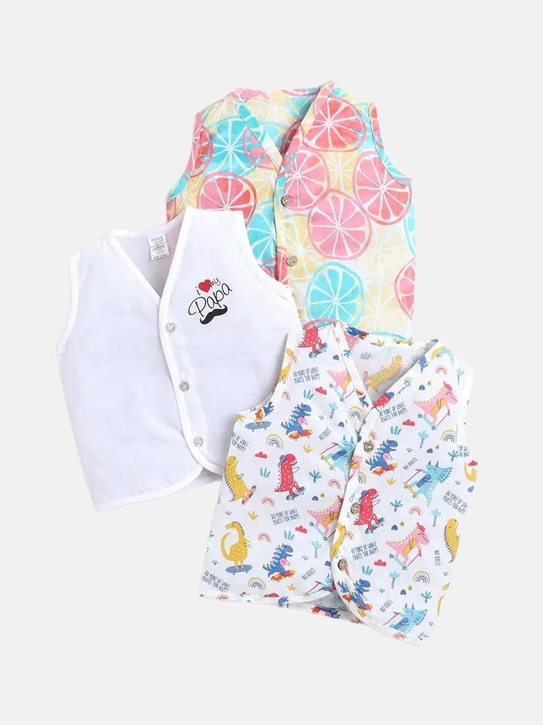 

Polka Tots Infants Pack Of 3 Printed Cotton Jhabla Vest PTSV-9995, White
