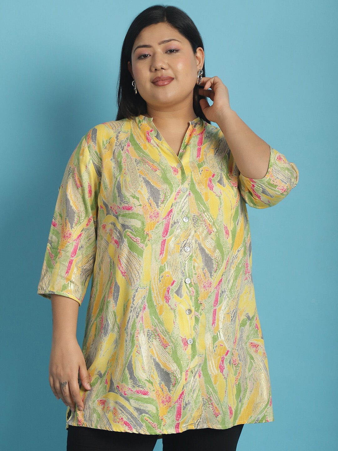 

theRebelinme Plus Size Relaxed Abstract Printed Casual Shirt, Yellow