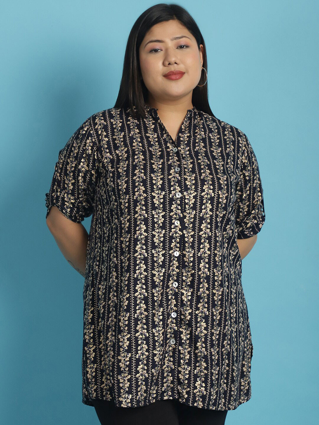 

theRebelinme Plus Size Relaxed Floral Printed Casual Shirt, Navy blue