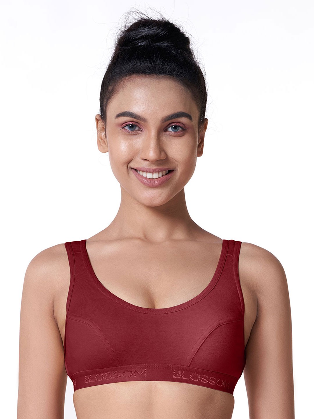 

BLOSSOM Low Impact Single Layered Knitted Dry Fit Pure Cotton Slip On Sports Bra, Maroon