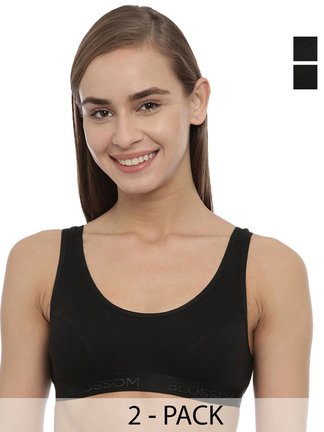 

BLOSSOM Pack Of 2 Low Impact Single Layered Knitted Dry Fit Cotton Slip On Sports Bra, Black