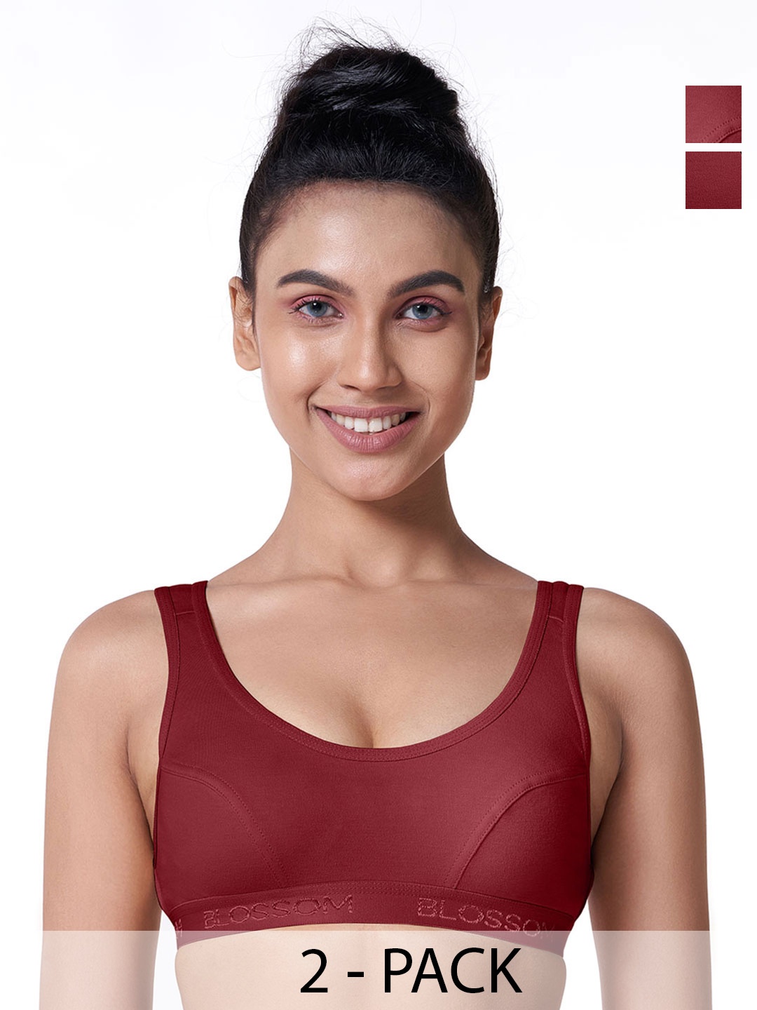 

BLOSSOM Pack Of 2 Low Impact Single Layered Knitted Dry Fit Cotton Slip On Sports Bra, Maroon