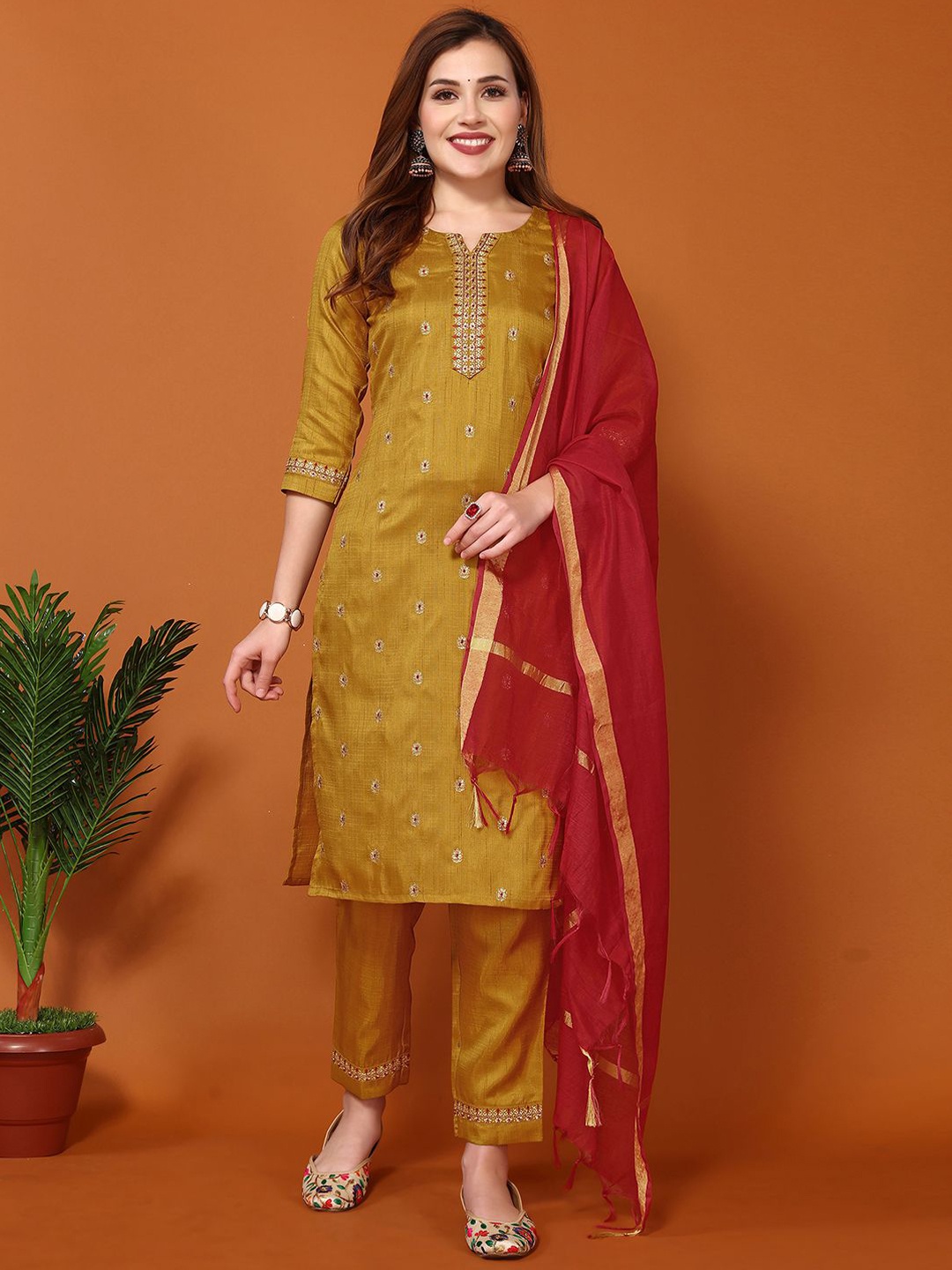 

SKYLEE Floral Embroidered Regular Thread Work Kurta with Trousers & Dupatta, Mustard