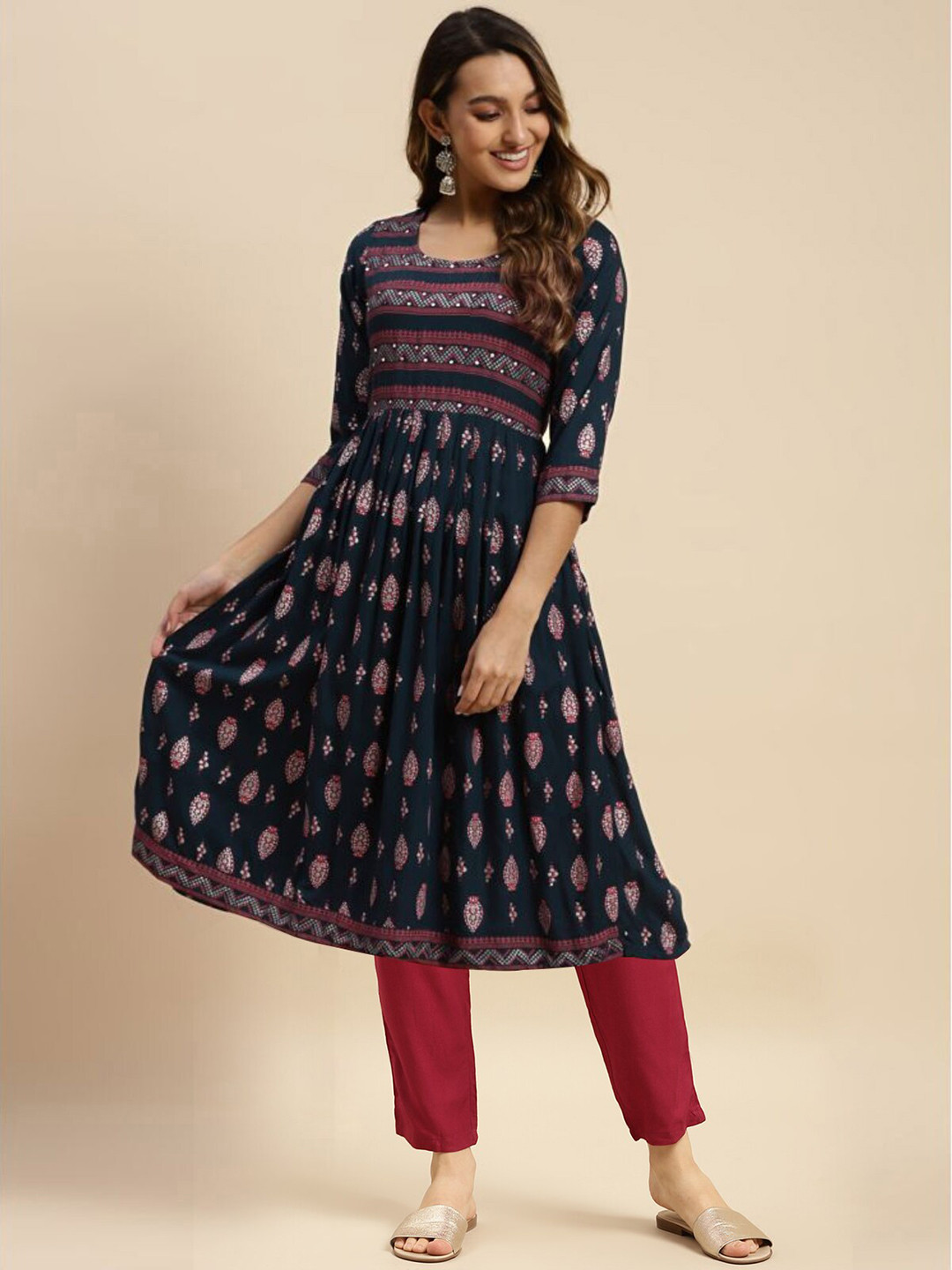 

Rangita Ethnic Motifs Printed Round Neck Anarkali Kurta & Trouser Set, Navy blue