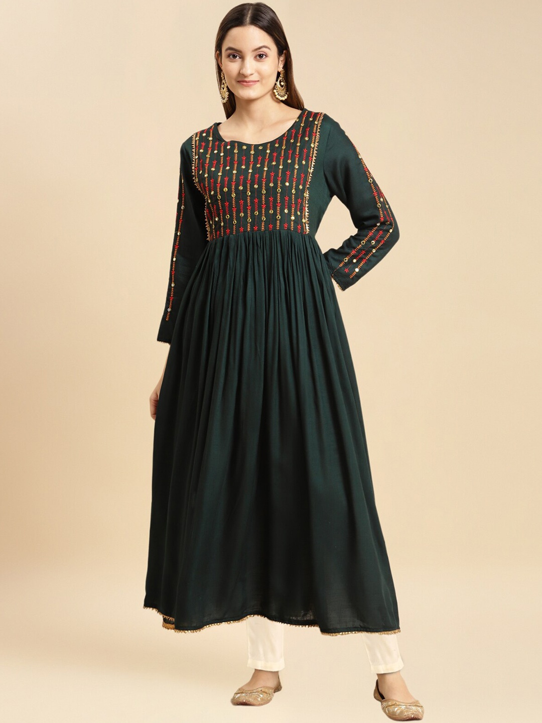 

Rangita Ethnic Motifs Embroidered Mirror Work Anarkali Kurta with Trousers, Green