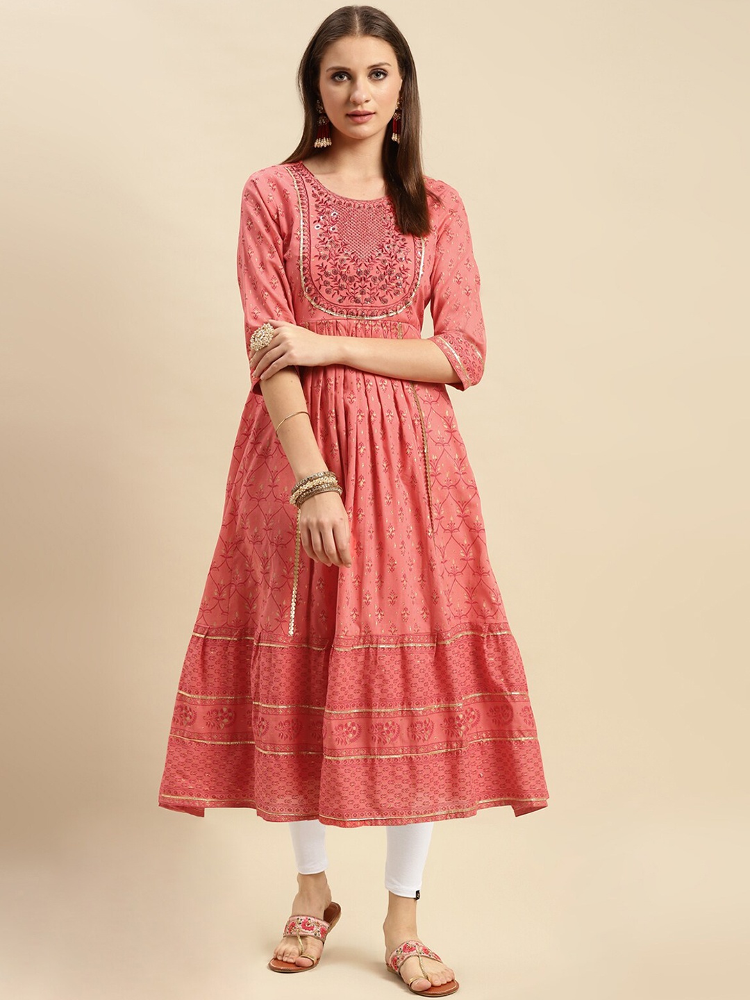 

Rangita Round Neck Printed Regular Sequinned Pure Cotton Kurta with Leggings Set, Coral