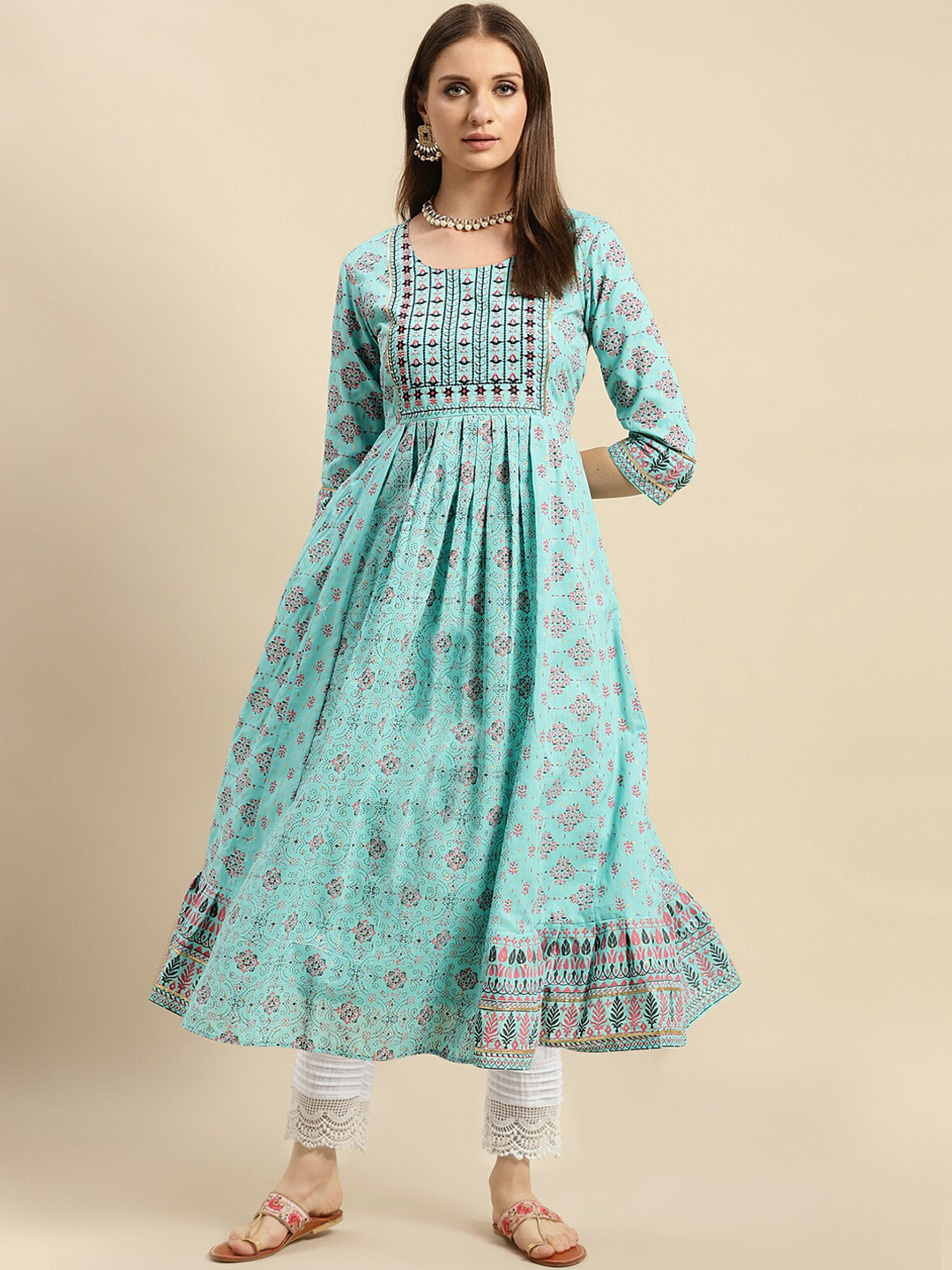 

Rangita Ethnic Motifs Printed Regular Gotta Patti Pure Cotton Kurta with Trousers, Blue