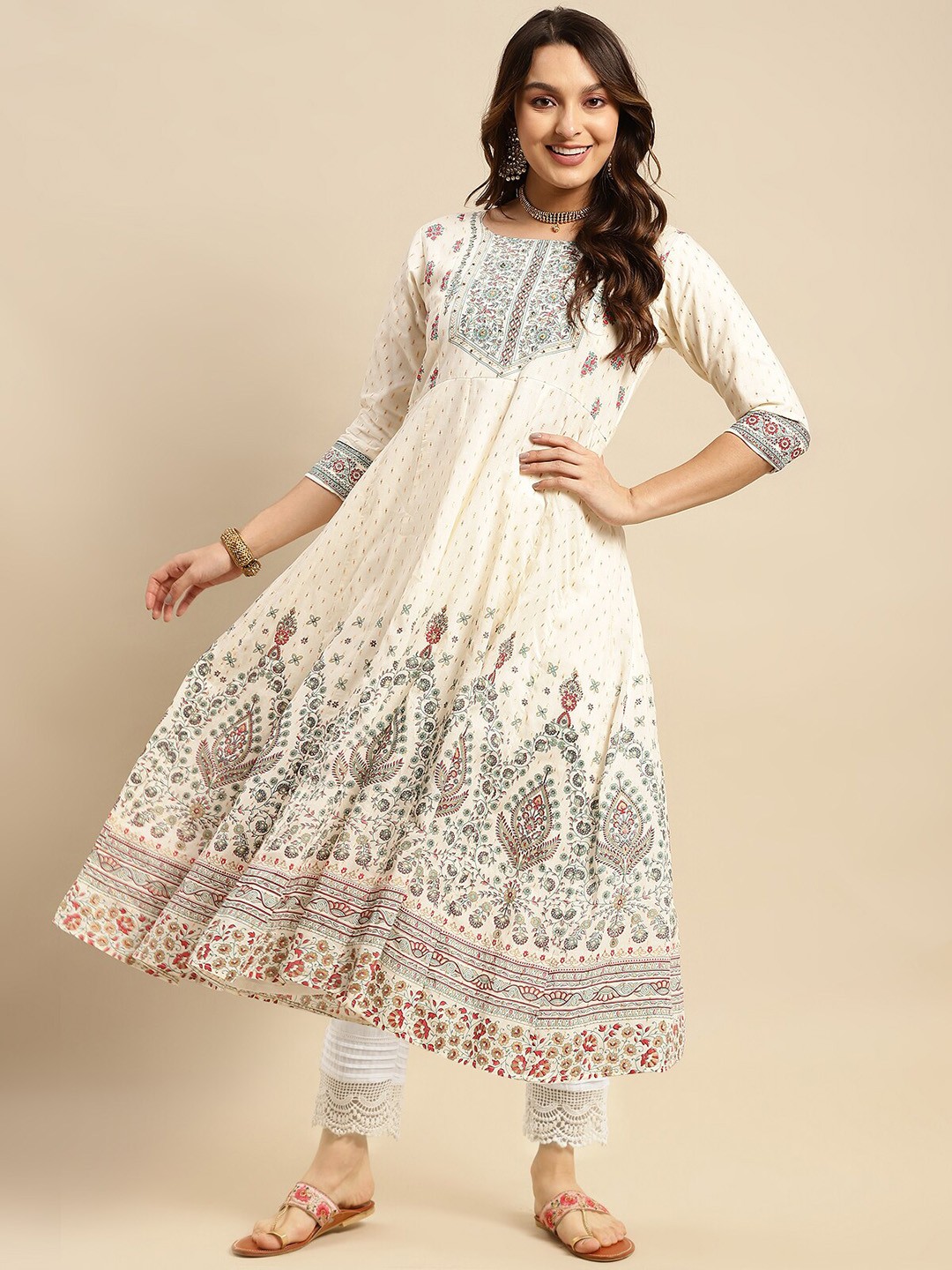 

Rangita Ethnic Motifs Printed Sequinned Anarkali Pure Cotton Kurta with Trousers, Cream