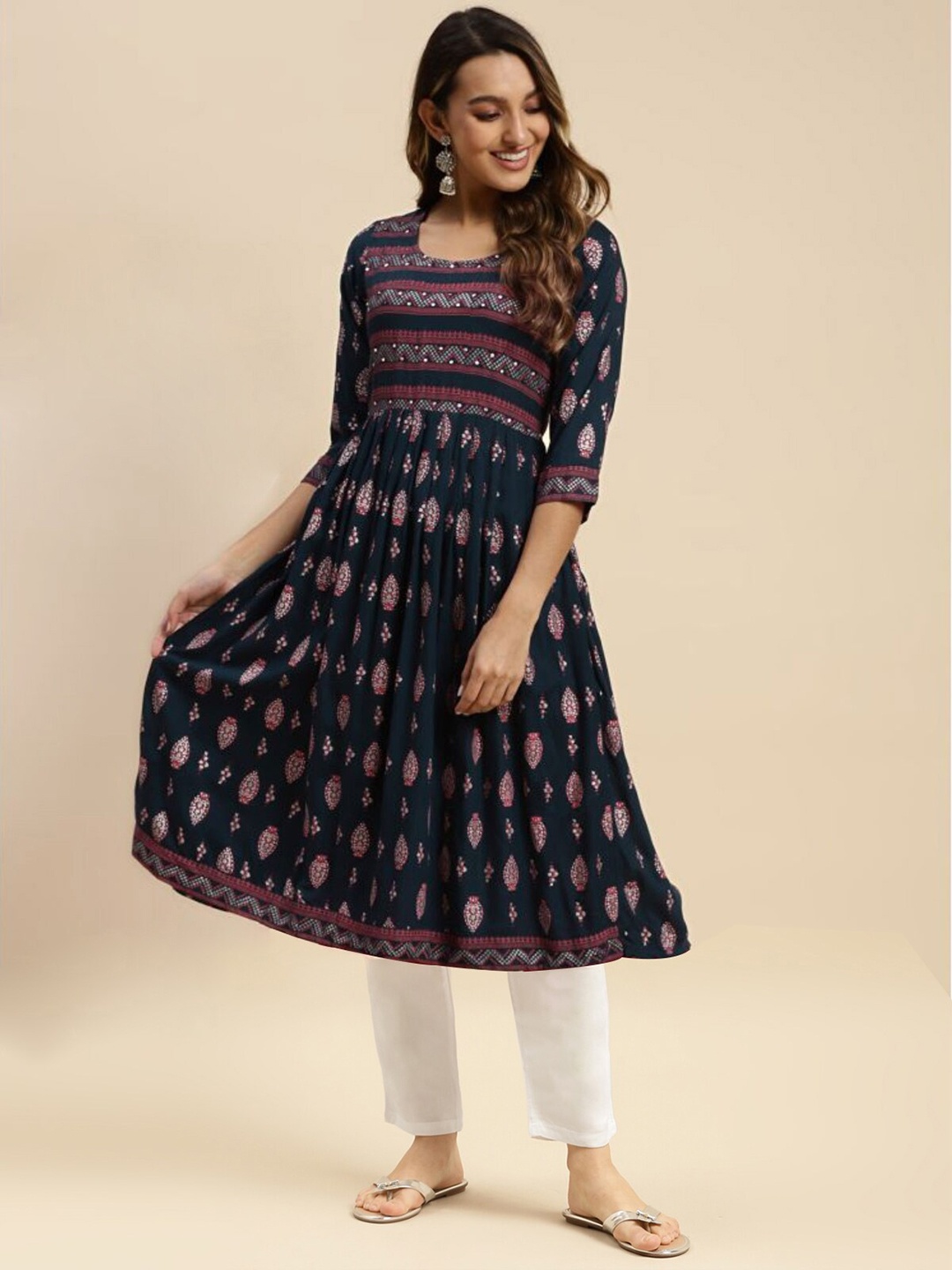 

Rangita Ethnic Motifs Printed Round Neck Anarkali Kurta with Trousers, Navy blue