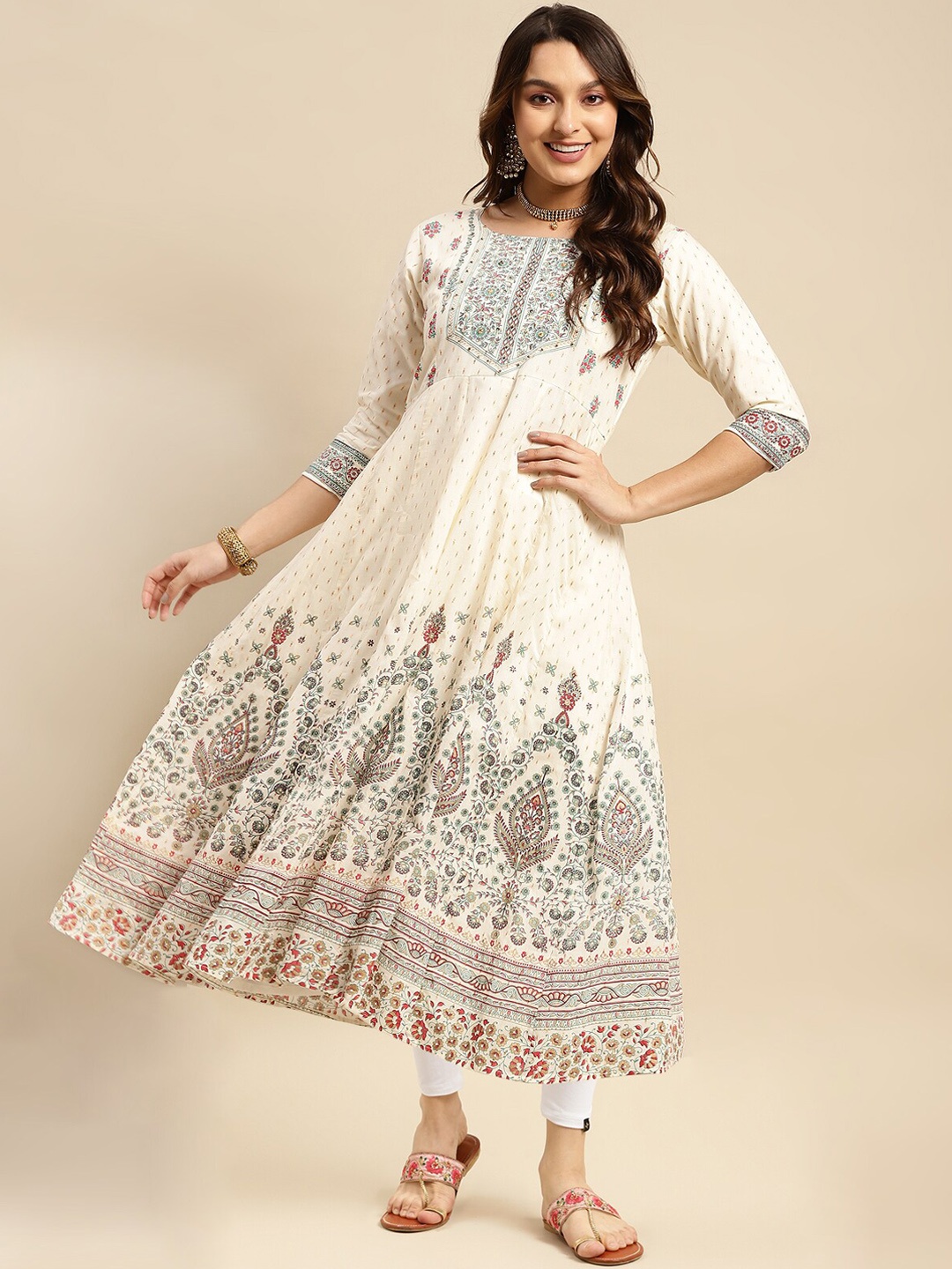 

Rangita Floral Printed Round Neck Sequinned Pure Cotton Anarkali Kurti with Leggings Set, Cream
