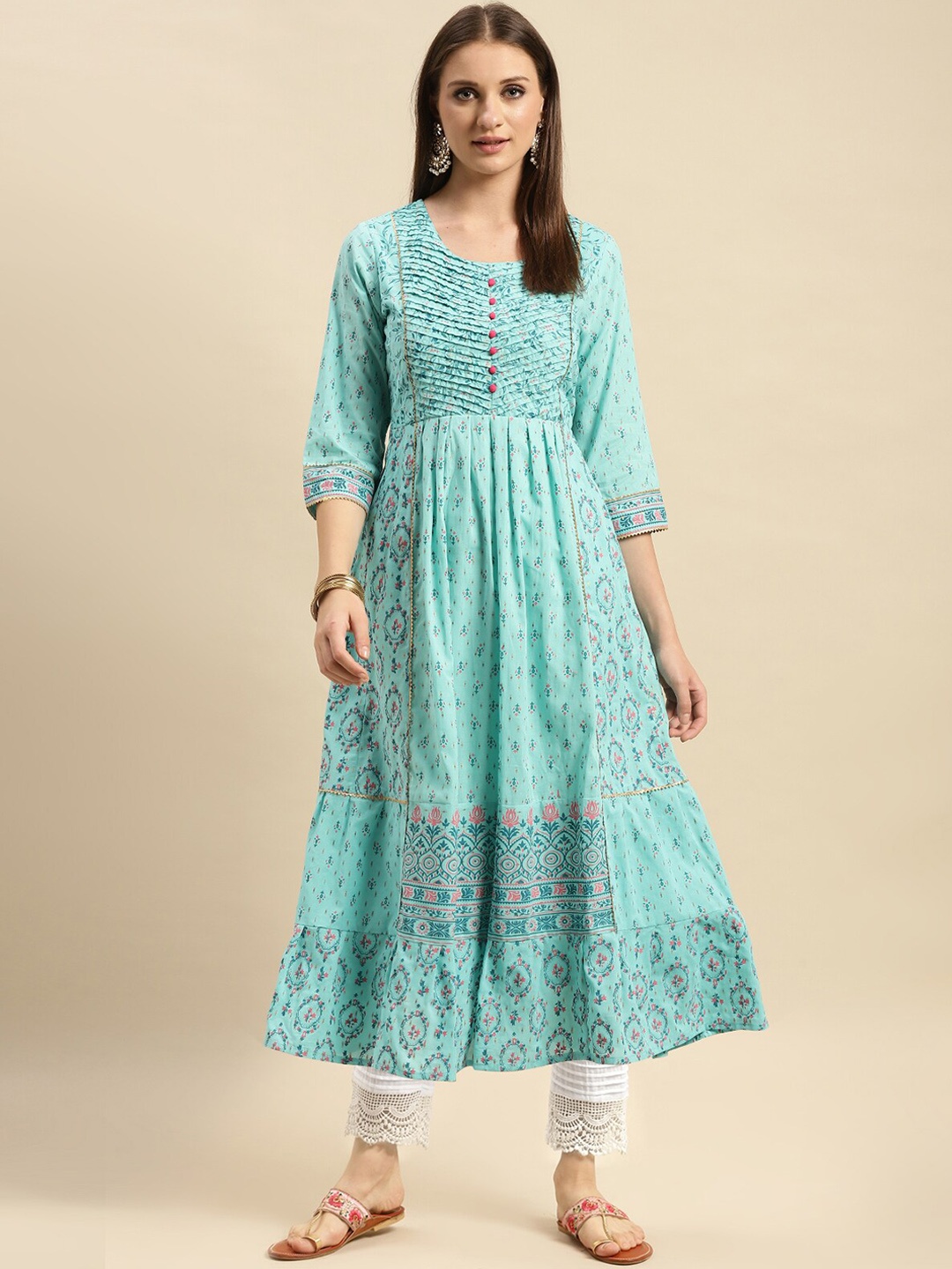 

Rangita Floral Printed Round Neck Gotta Patti Pure Cotton Kurta with Trousers, Blue