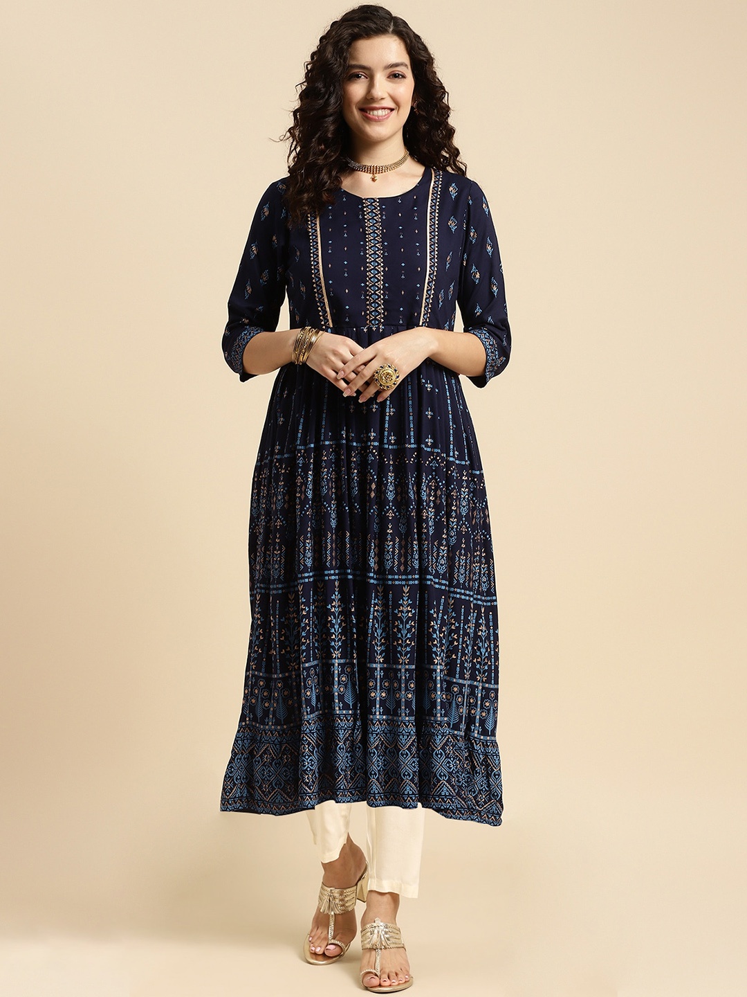 

Rangita Round Neck Ethnic Motifs Printed Regular Sequinned Kurta with Trousers, Blue