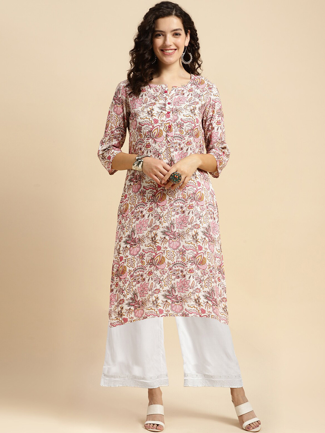 

Rangita Women Ethnic Motifs Printed Straight Kurta with Palazzos, Pink