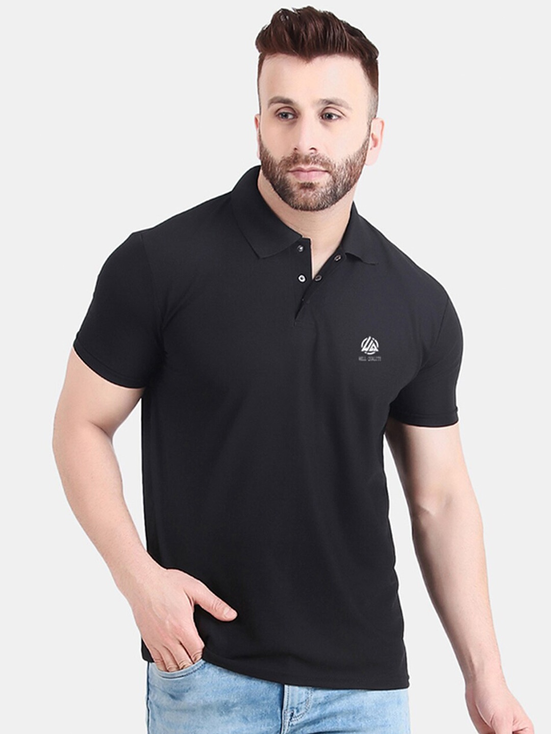 

WELL QUALITY Polo Collar Half Sleeve T-shirt, Black