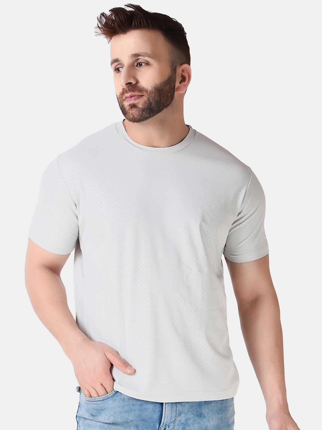 WELL QUALITY Round Neck Regular T-shirt, Grey