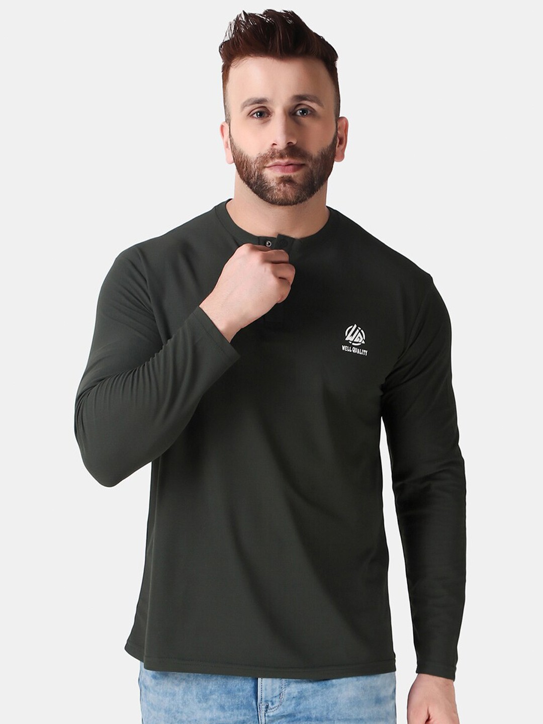 

WELL QUALITY Henley Neck Regular T-shirt, Olive