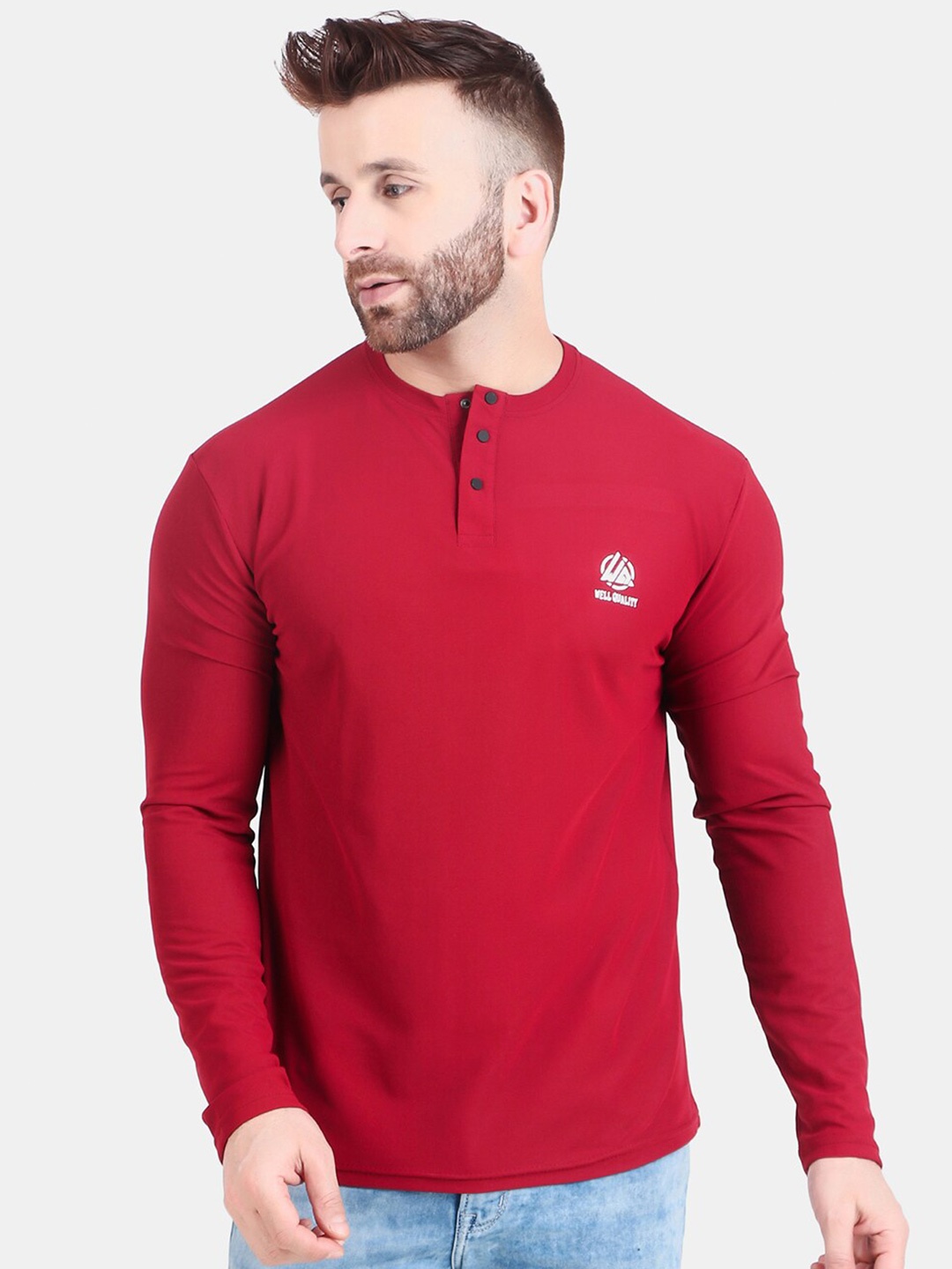 

WELL QUALITY Henley Neck Regular T-shirt, Maroon