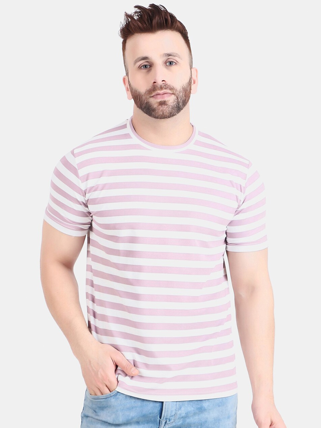WELL QUALITY Striped Round Neck T-shirt, Pink