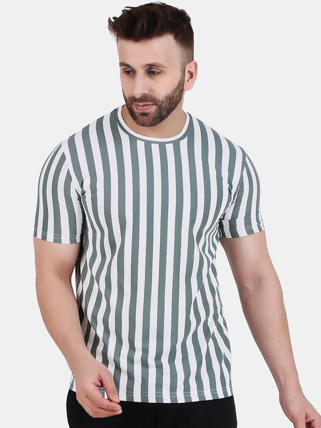 WELL QUALITY Striped Round Neck T-shirt, Green