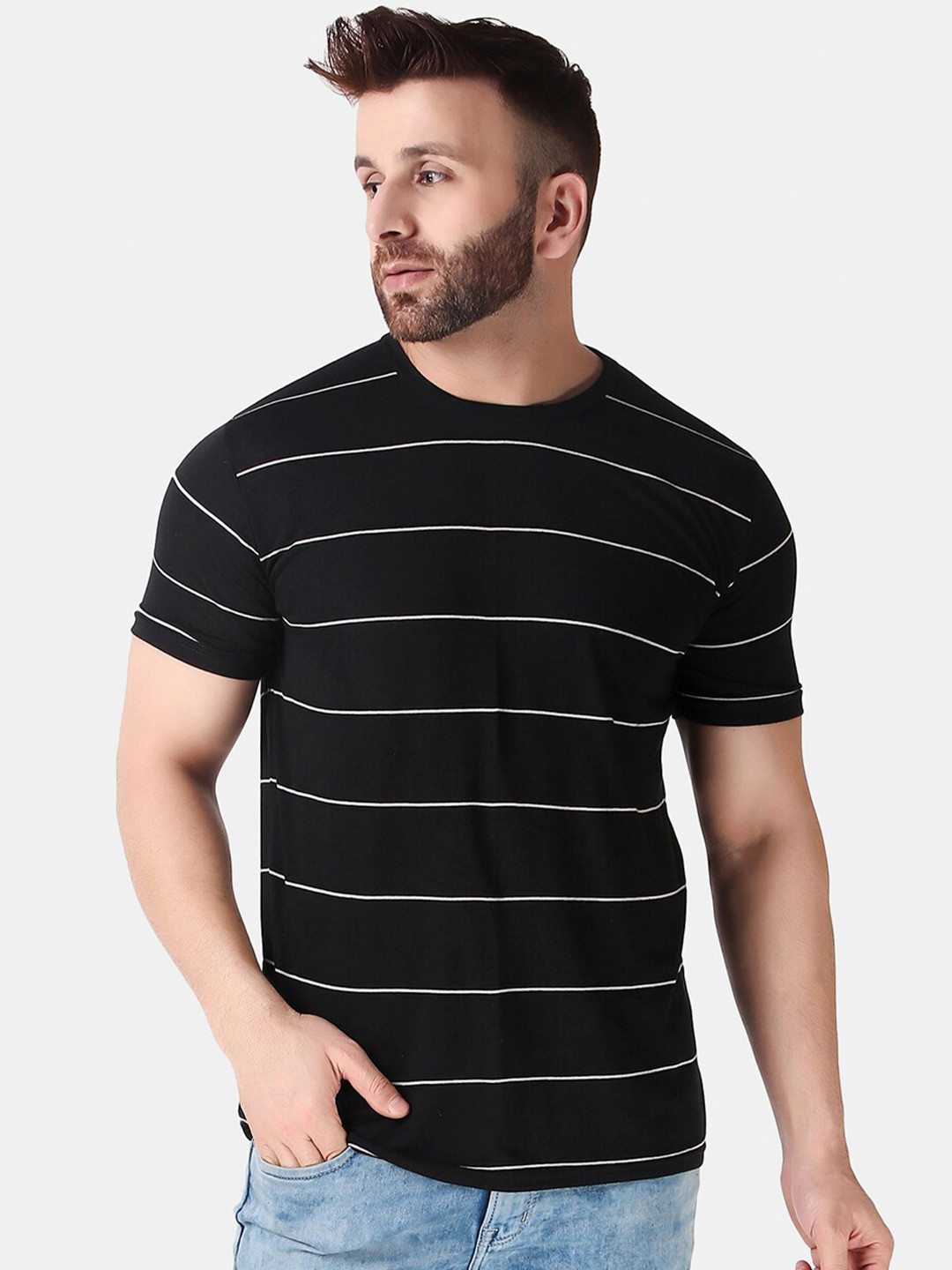 

WELL QUALITY Striped Round Neck T-shirt, Black