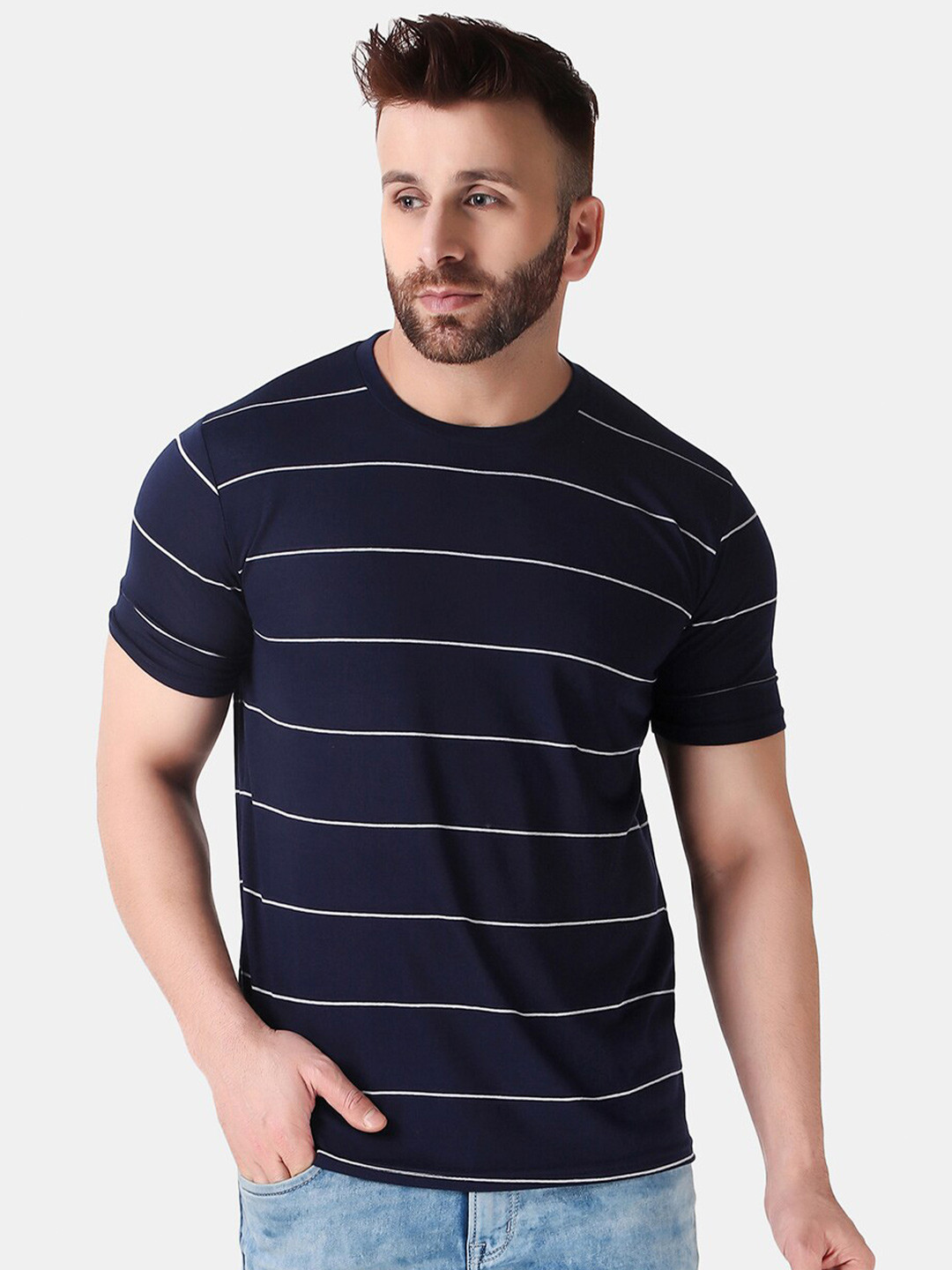 

WELL QUALITY Striped Round Neck T-shirt, Navy blue