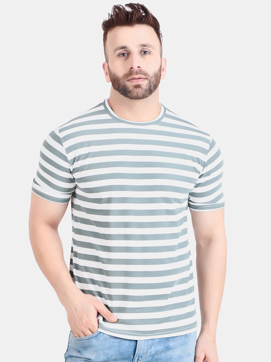 

WELL QUALITY Striped Round Neck T-shirt, Green