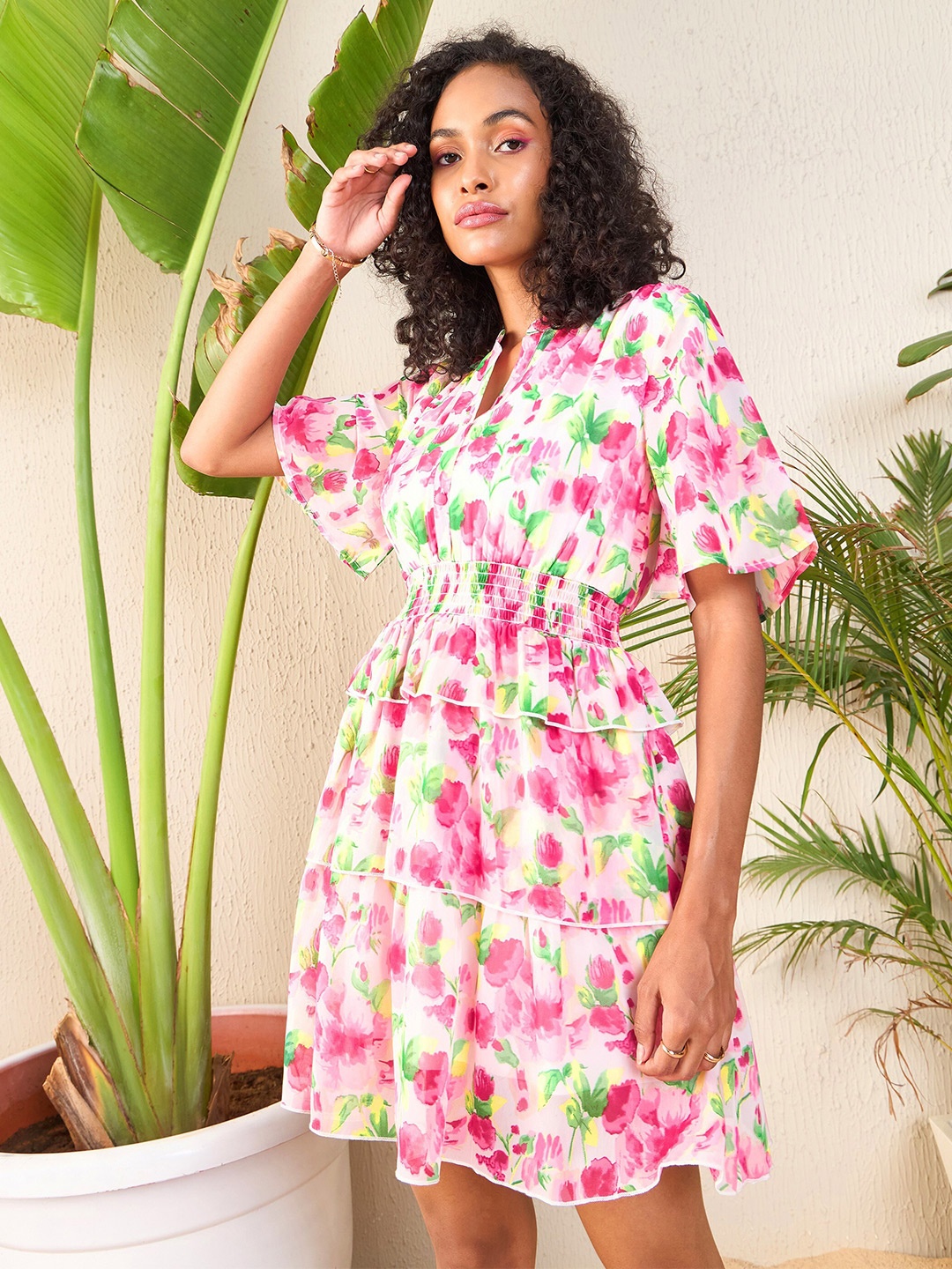 

SASSAFRAS Floral Printed Flared Sleeve Layered Georgette Fit & Flare Dress, Pink