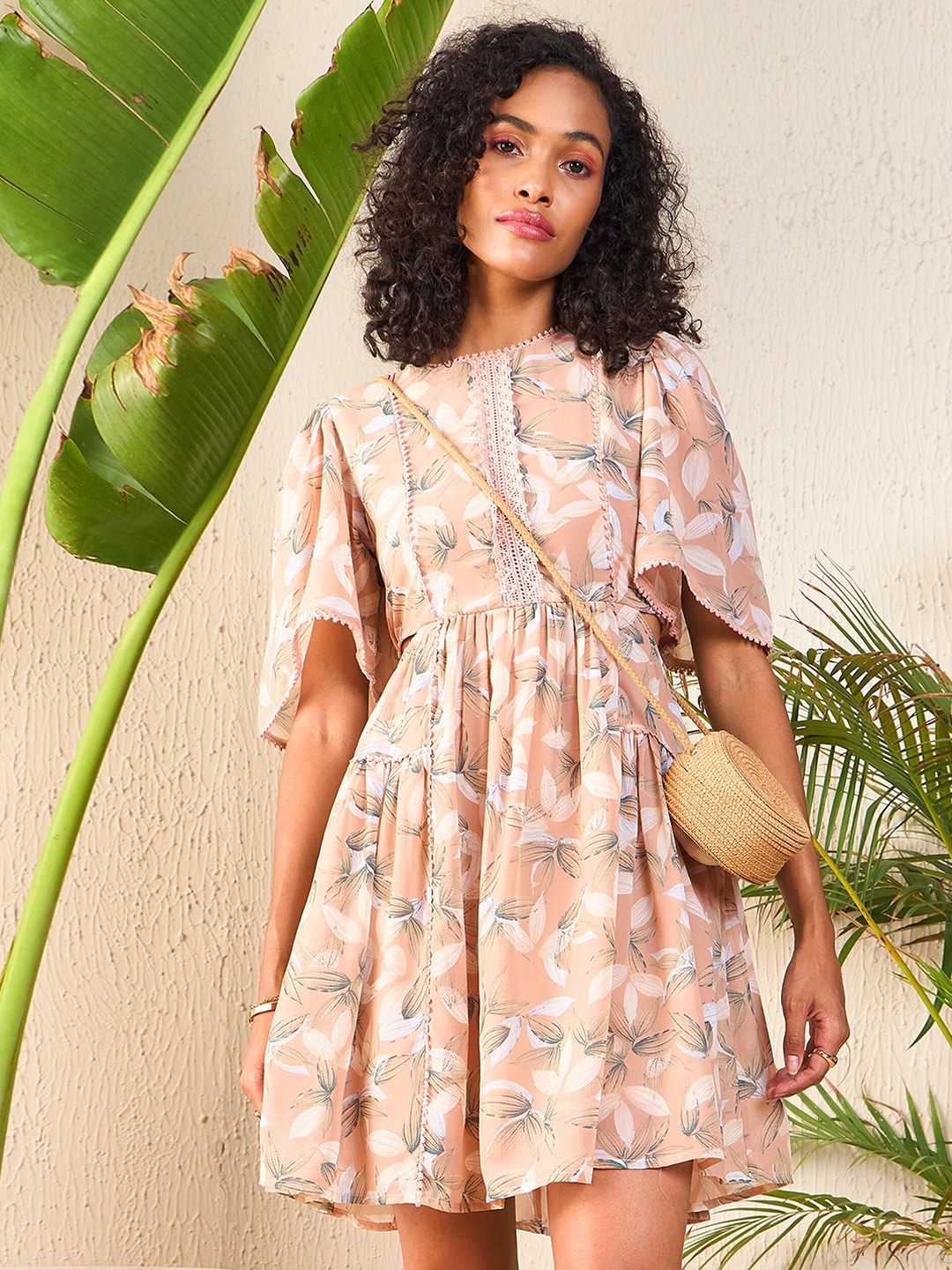 

SASSAFRAS Floral Print Flared Sleeve Cut Out Georgette Fit & Flare Dress, Nude