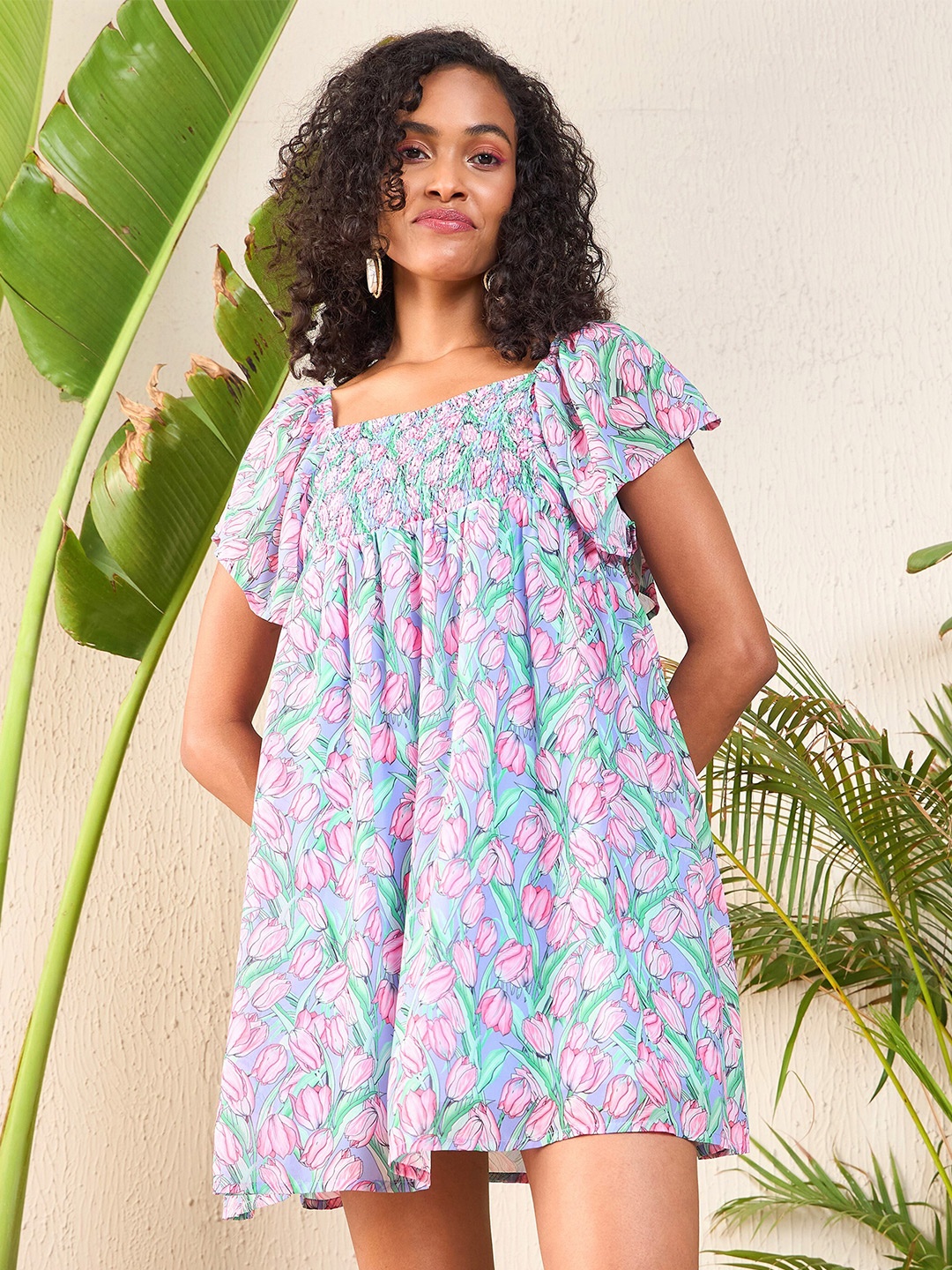 

SASSAFRAS Floral Printed Flutter Sleeve Smocked Georgette A-Line Dress, Pink