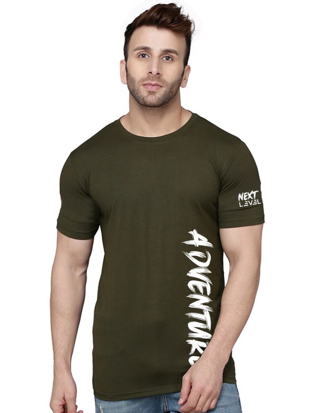 

SLOWLORIS Typography Printed Bio-Wash Pure Cotton T-shirt, Olive