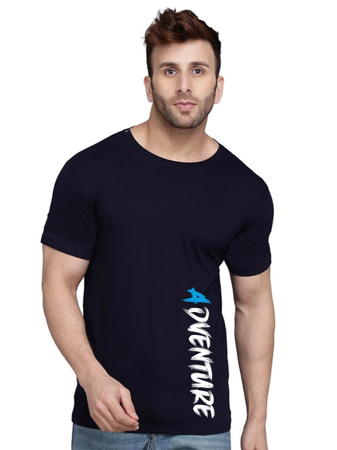 

SLOWLORIS Typography Printed Bio-Wash Pure Cotton T-shirt, Navy blue