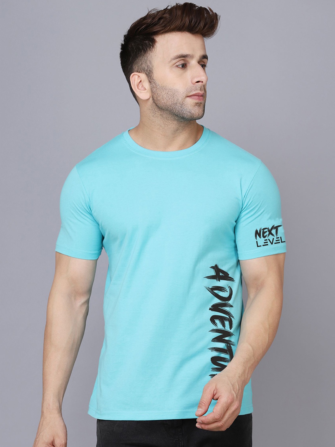 

SLOWLORIS Typography Printed Bio-Wash Pure Cotton T-shirt, Turquoise blue