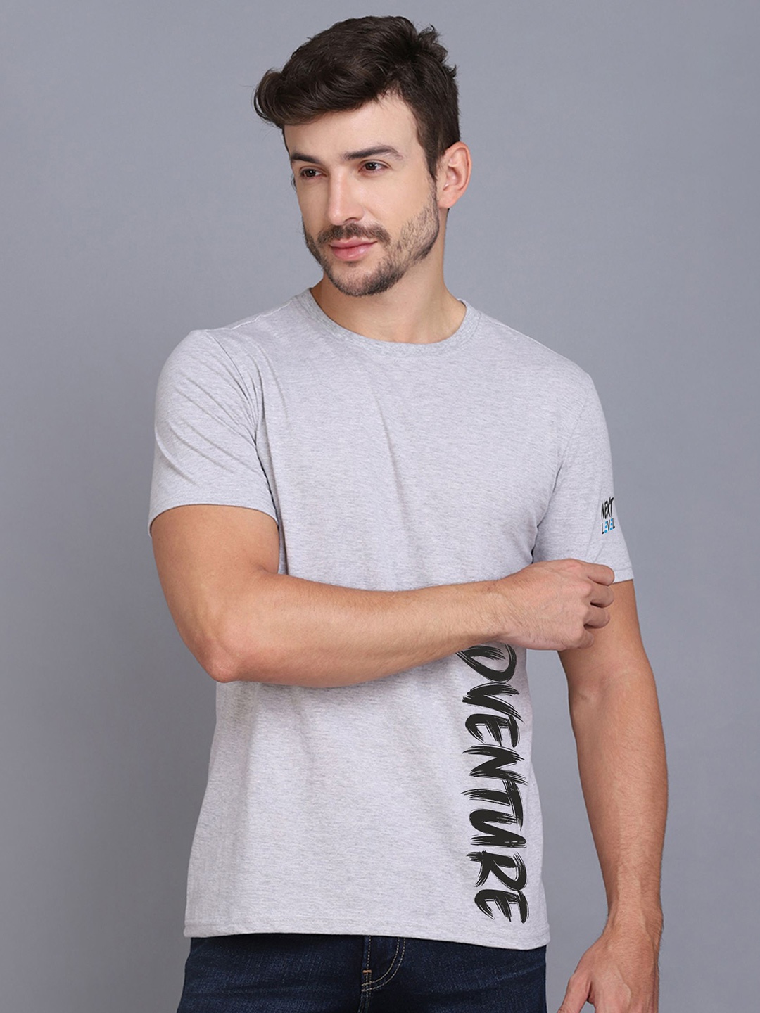 

SLOWLORIS Typography Printed Bio-Wash Pure Cotton T-shirt, Grey